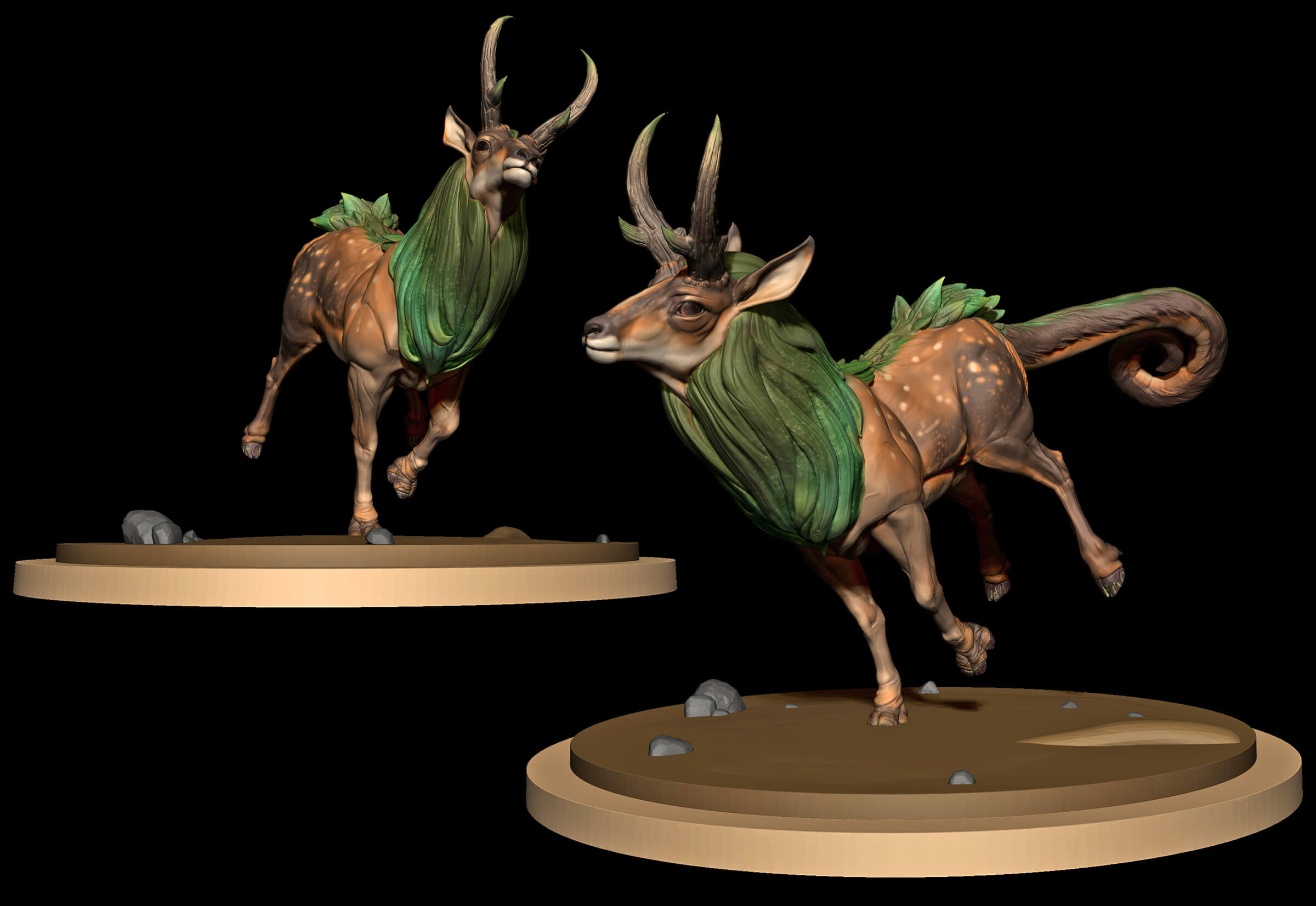 computer-generated 3D models of a deer-like creature with a green mane and long, thick tail in mid-run