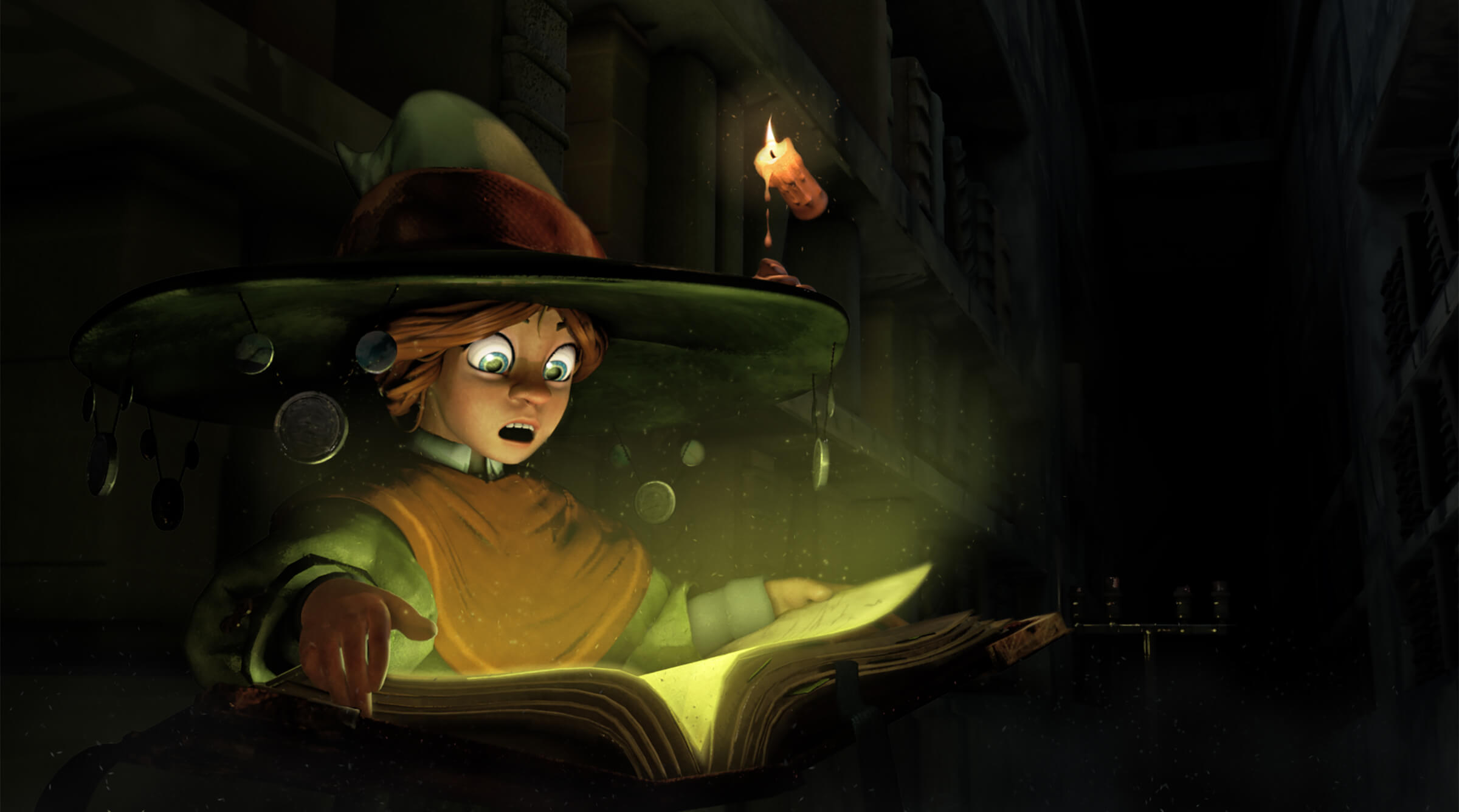 computer-generated 3D model of a character with huge green eyes reacting with shock at the book in front of them