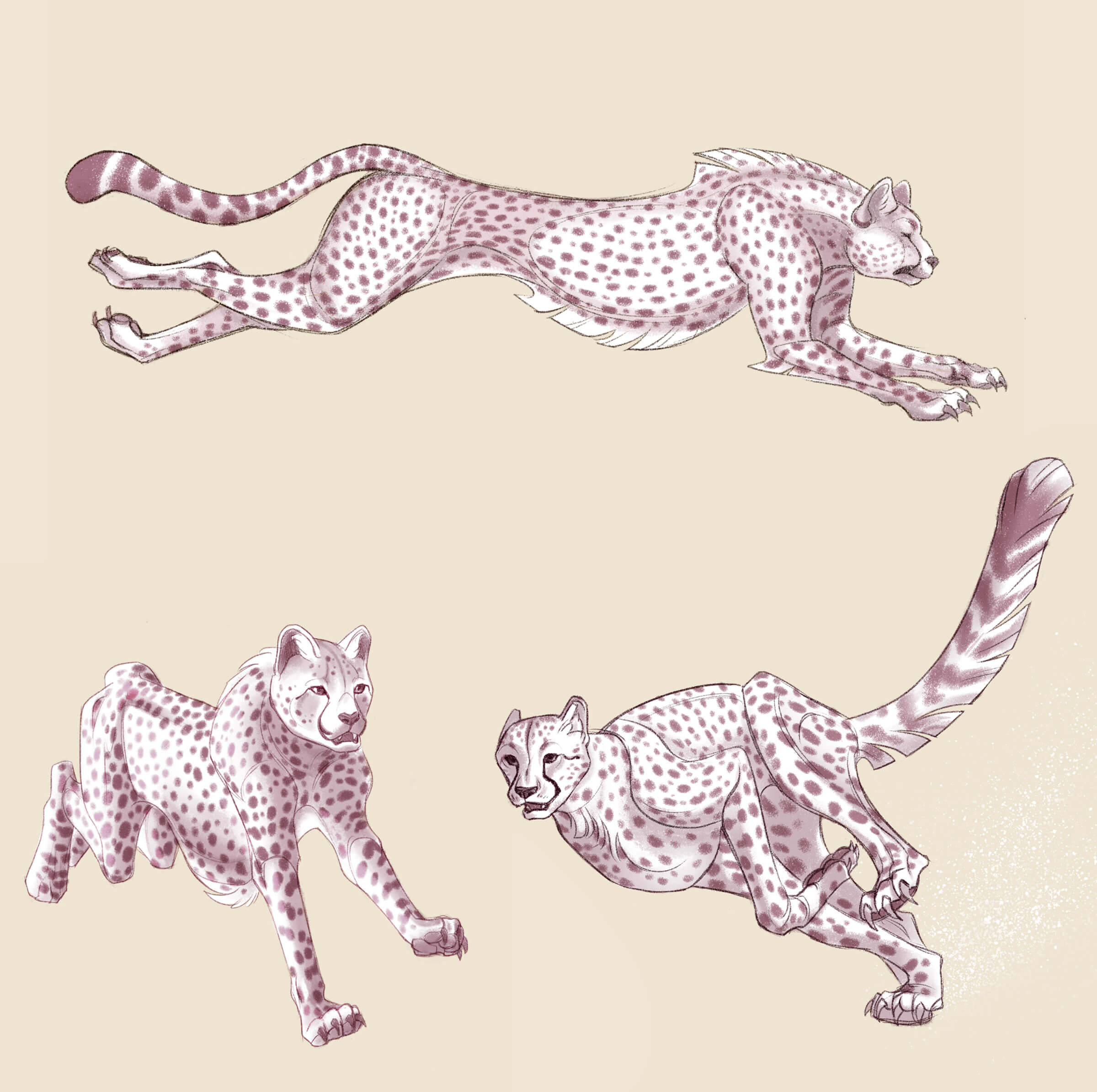 Three different angles of a sepia-toned, cheetah-like quadruped in mid-sprint.