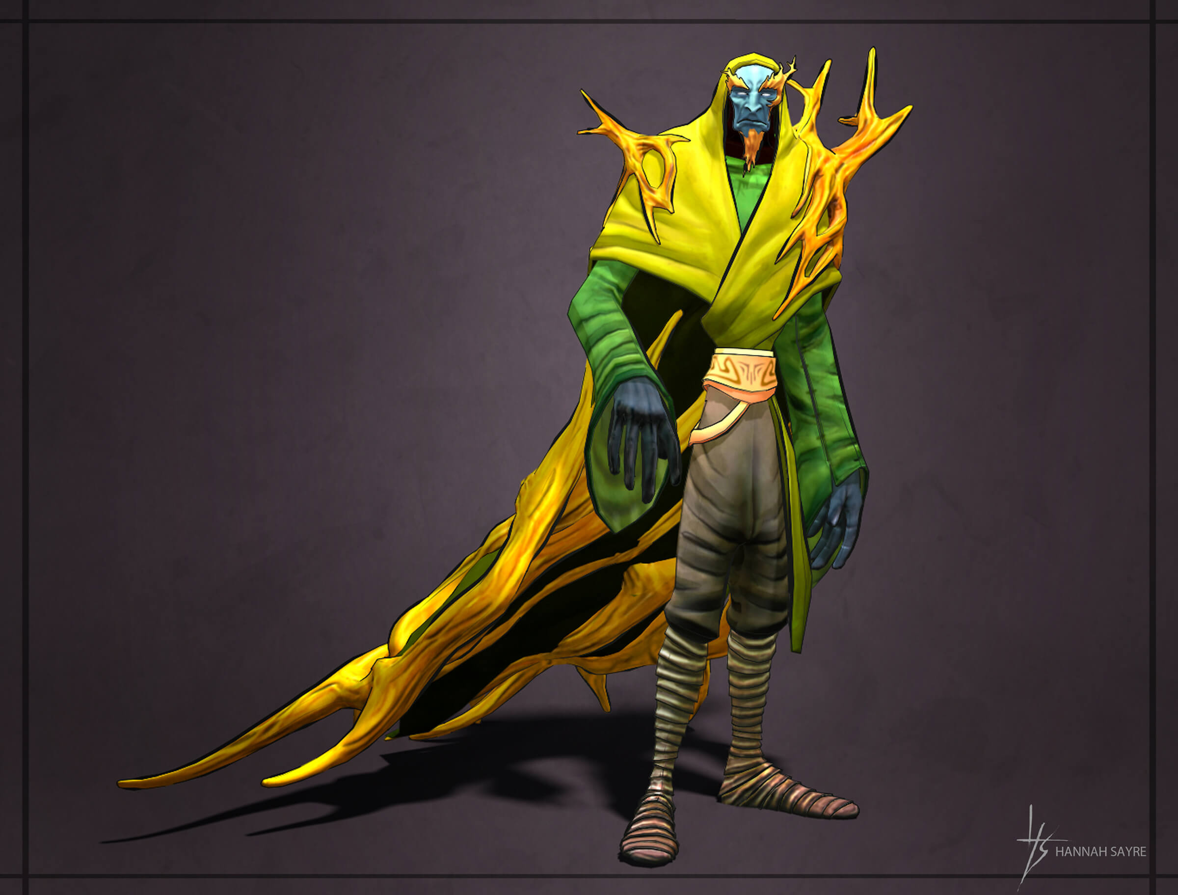 computer-generated 3D model of "death," one of the 4 horsemen of the apocalypse, in a flowing yellow robe