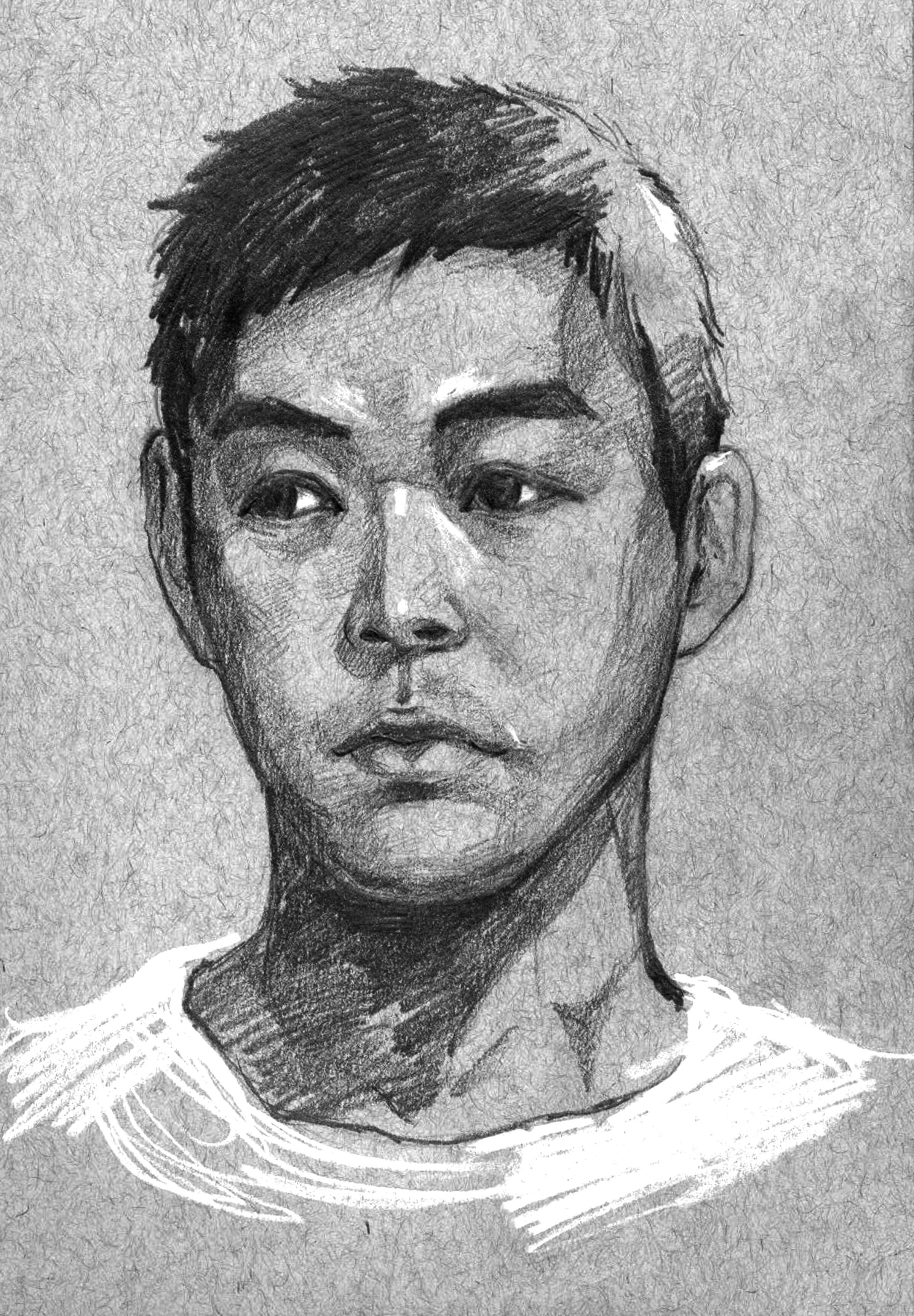 black and white drawing of a young asian man