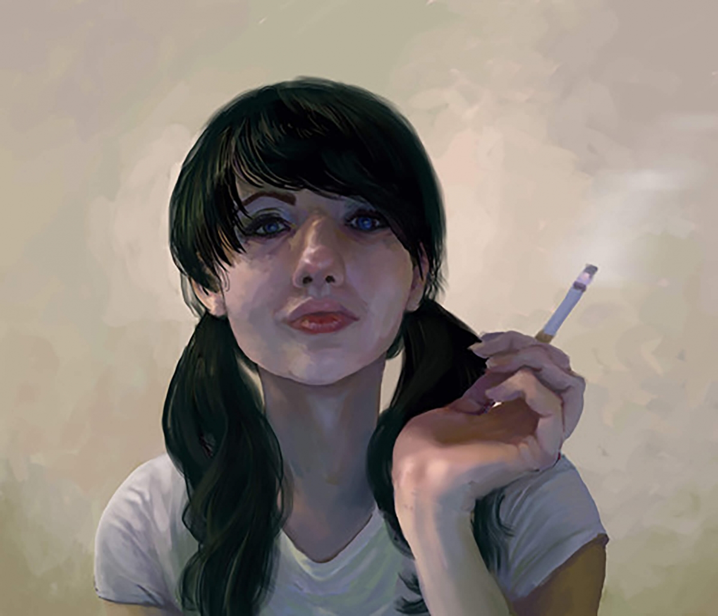 traditional painting portrait of a young woman in pigtails smoking a cigarette