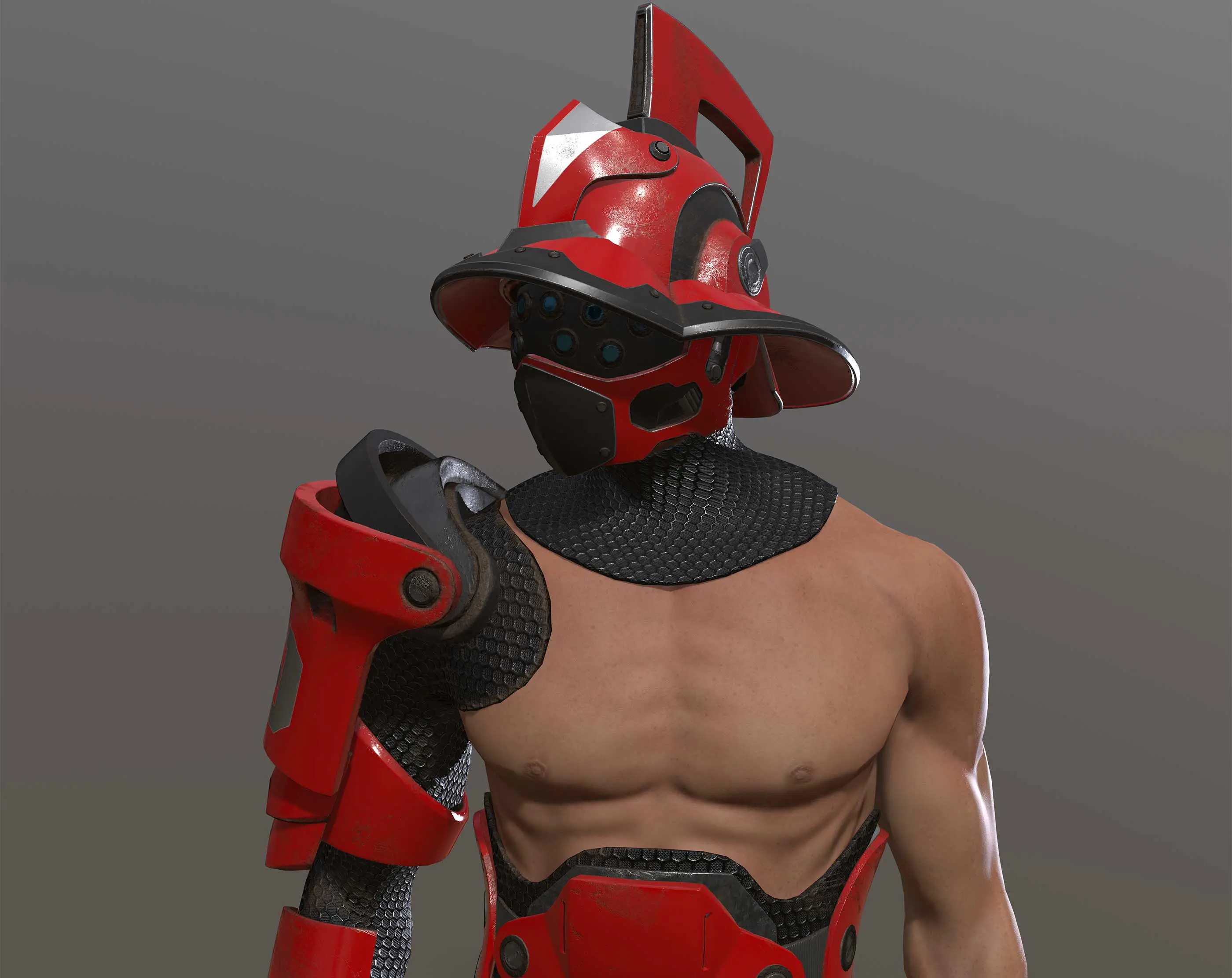 A 3D render of a person in partial futuristic armor.