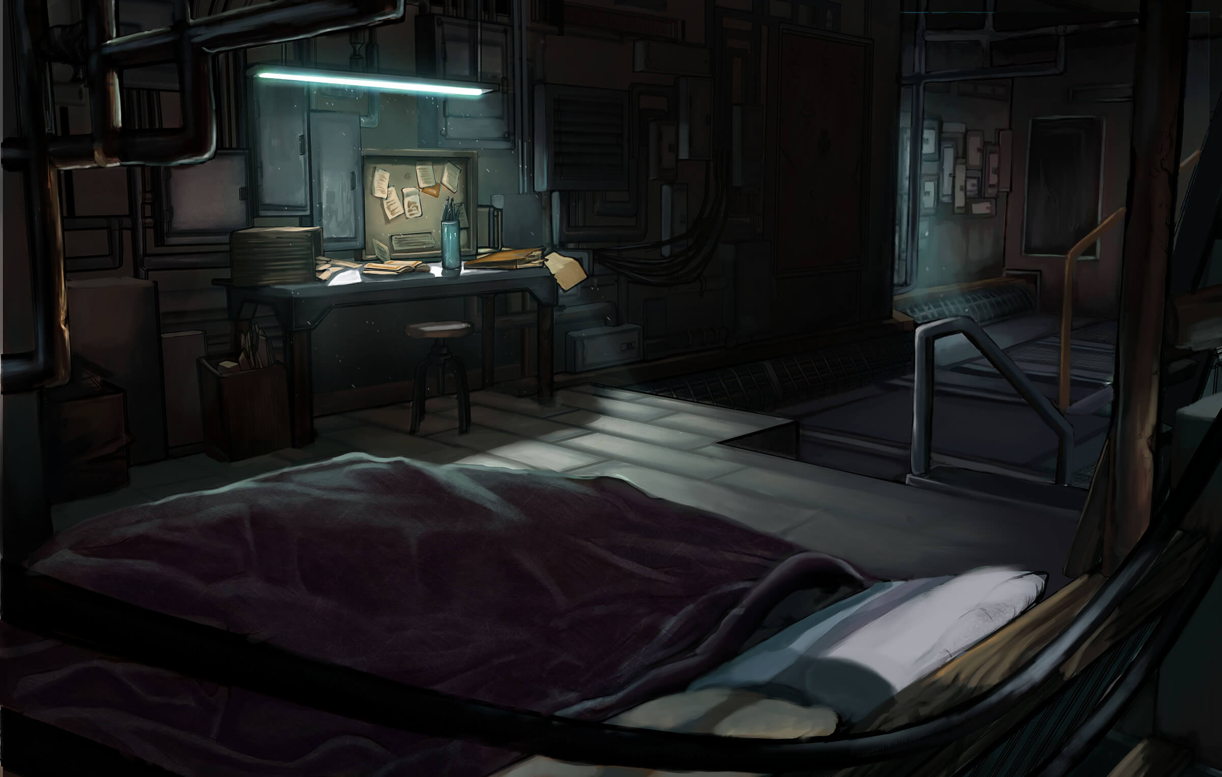 digital painting of a bed and desk in a dark, industrial-type setting