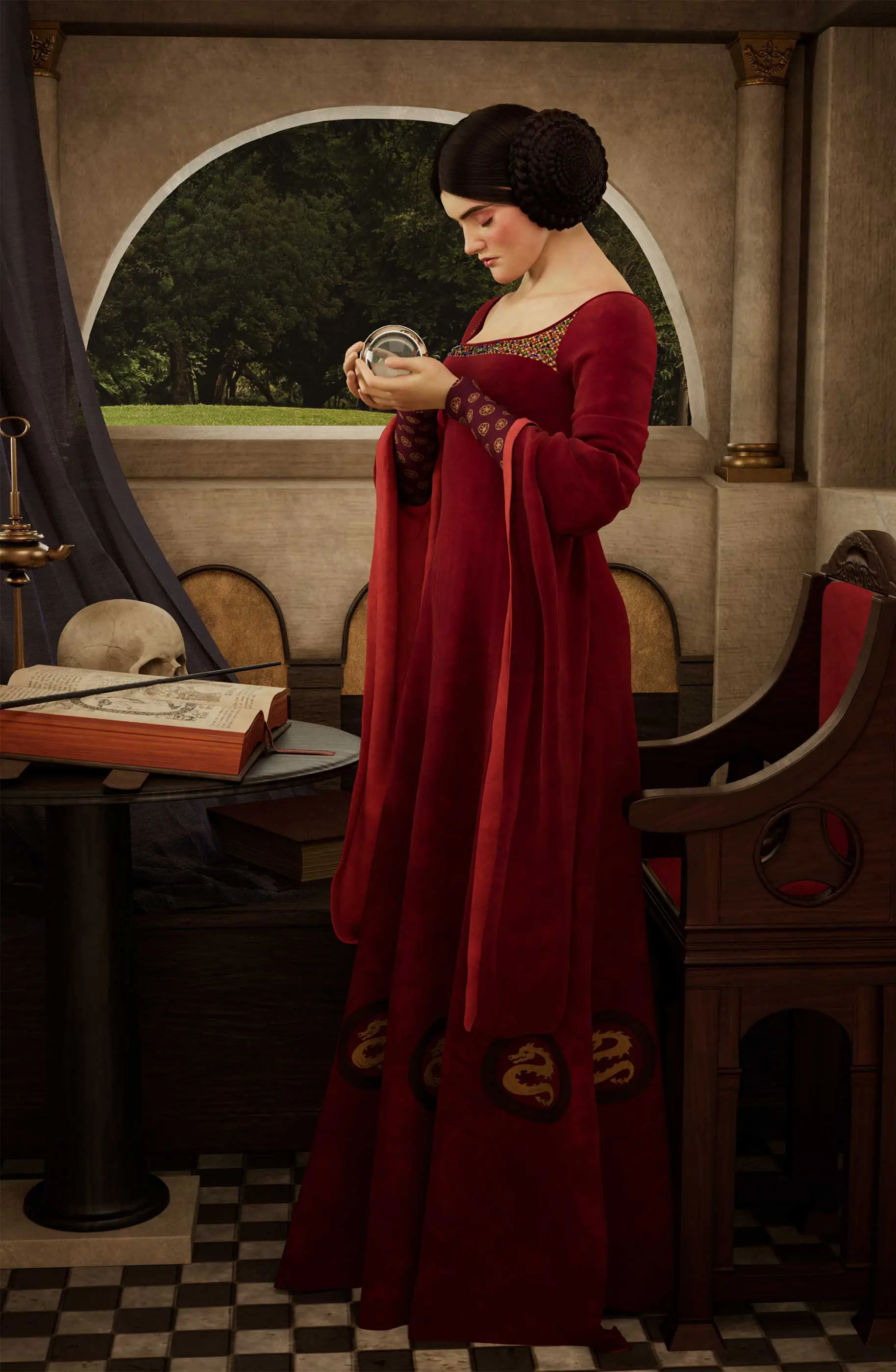 A woman from the renaissance holds a crystal ball.