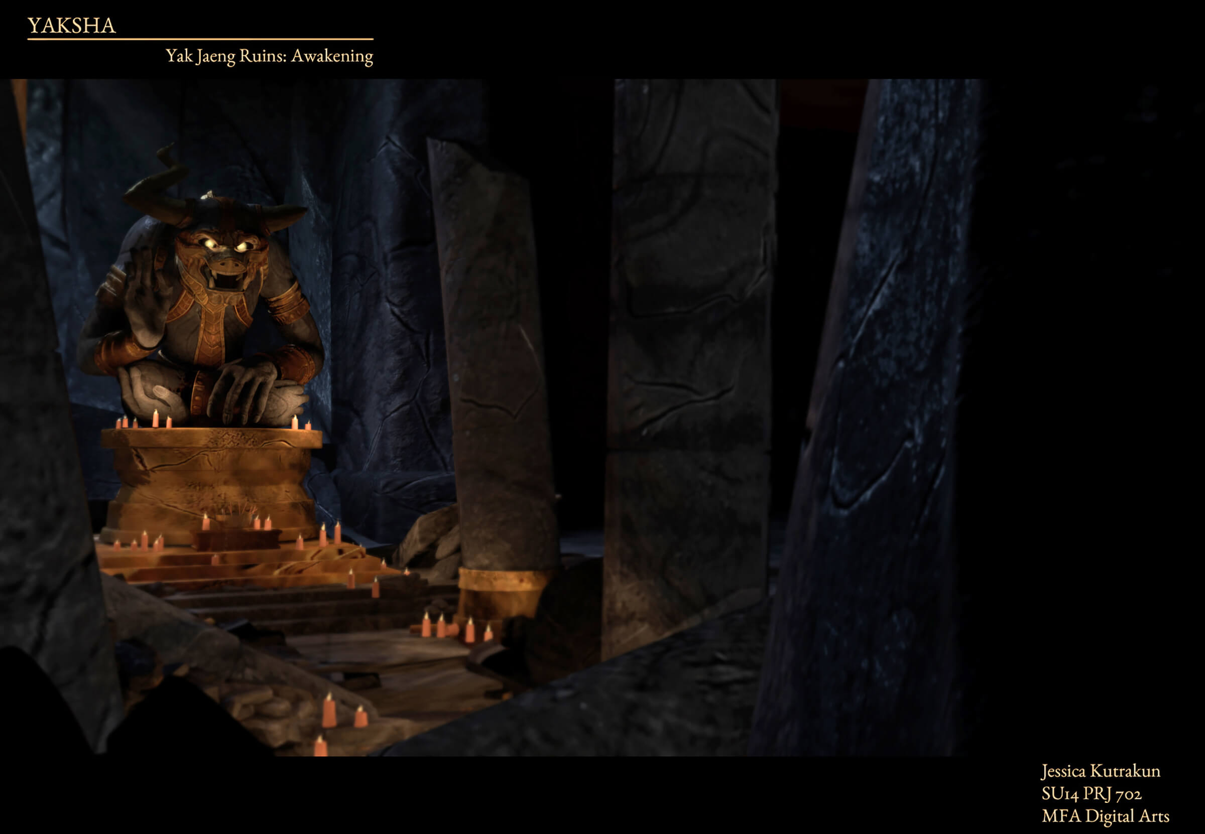 computer-generated 3D model of a creature with glowing eyes atop a pedestal in a cave strewn with lit candles