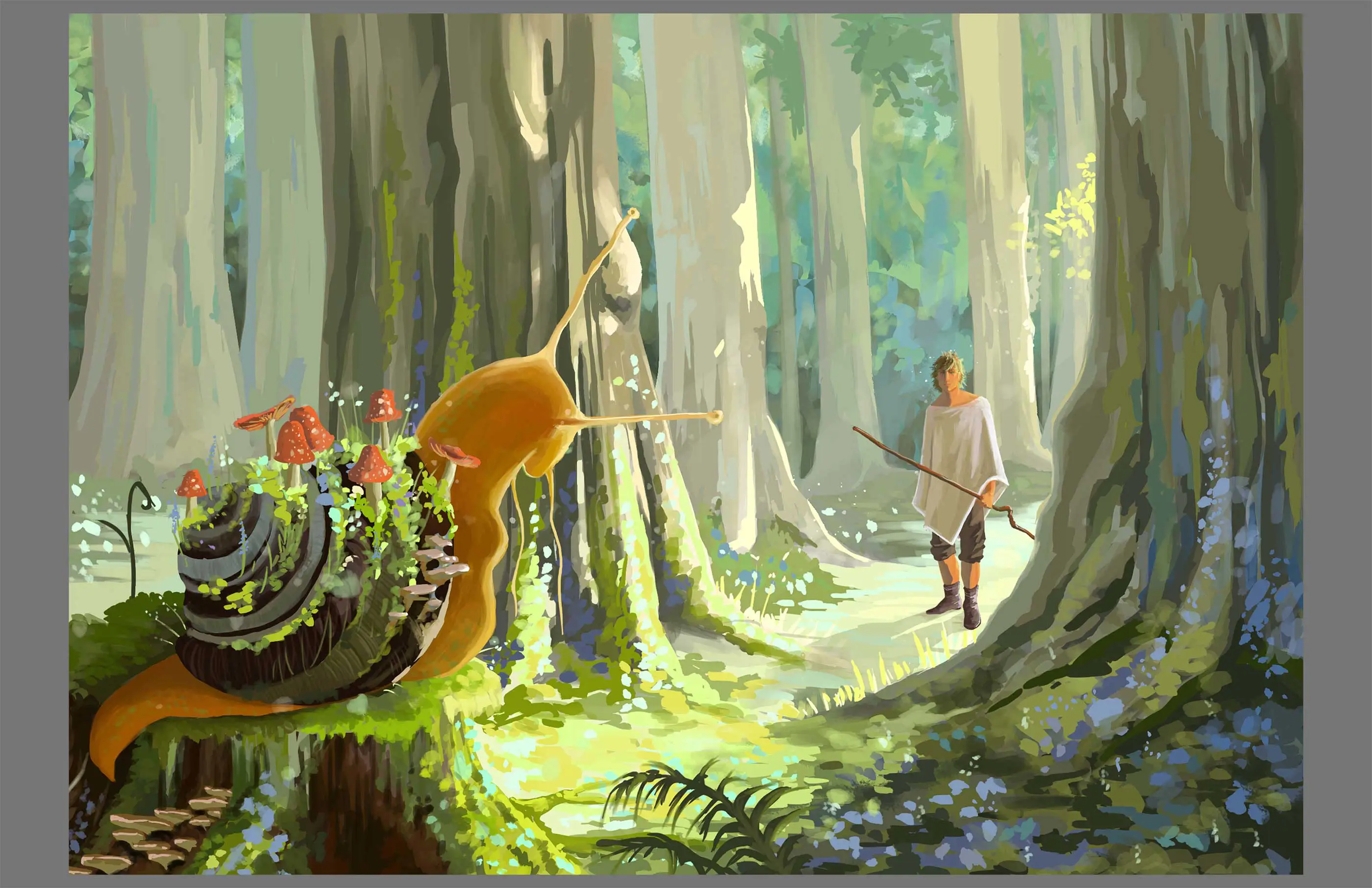 A painting of a person discovering a large snail.