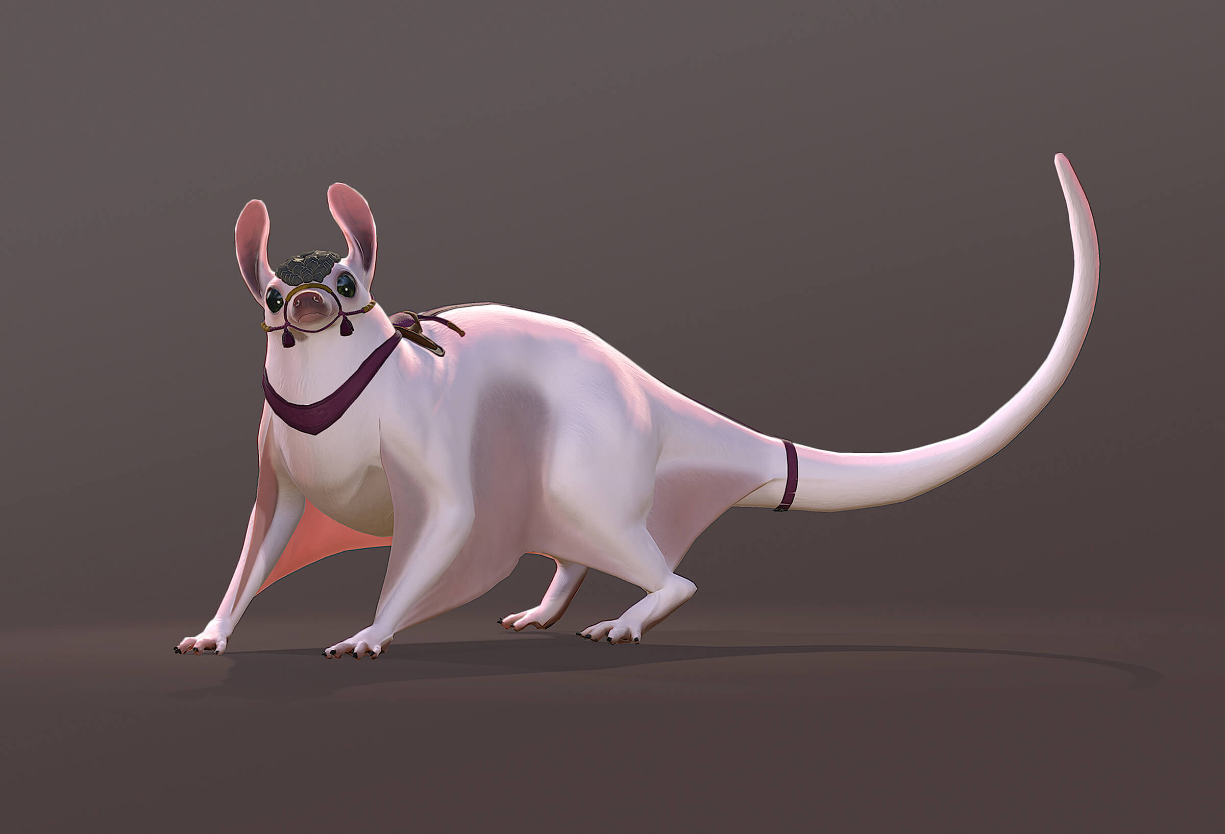 computer-generated 3D model of a character that resembles a rat, with webbed legs