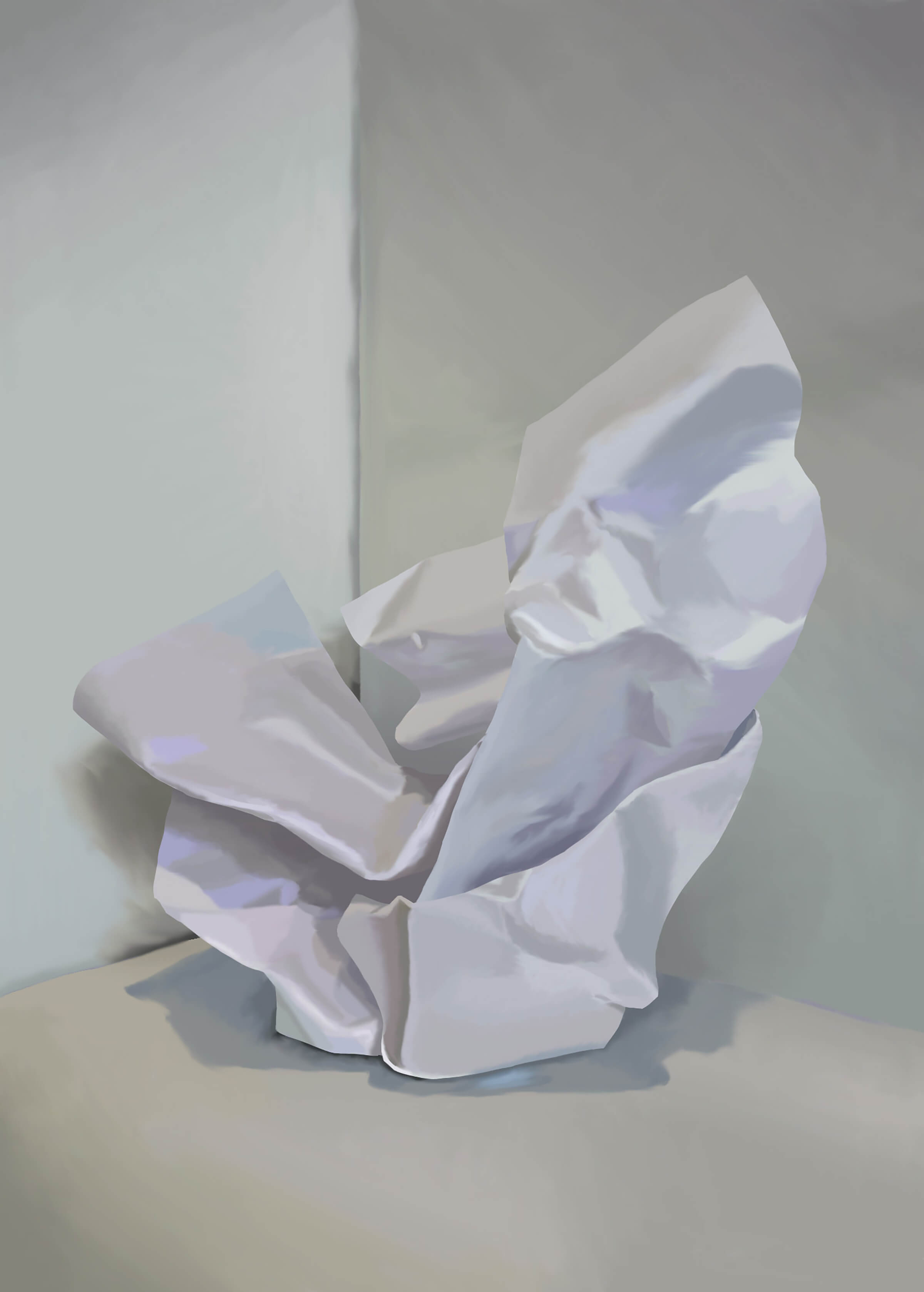 still-life traditional painting of a crumpled piece of white paper