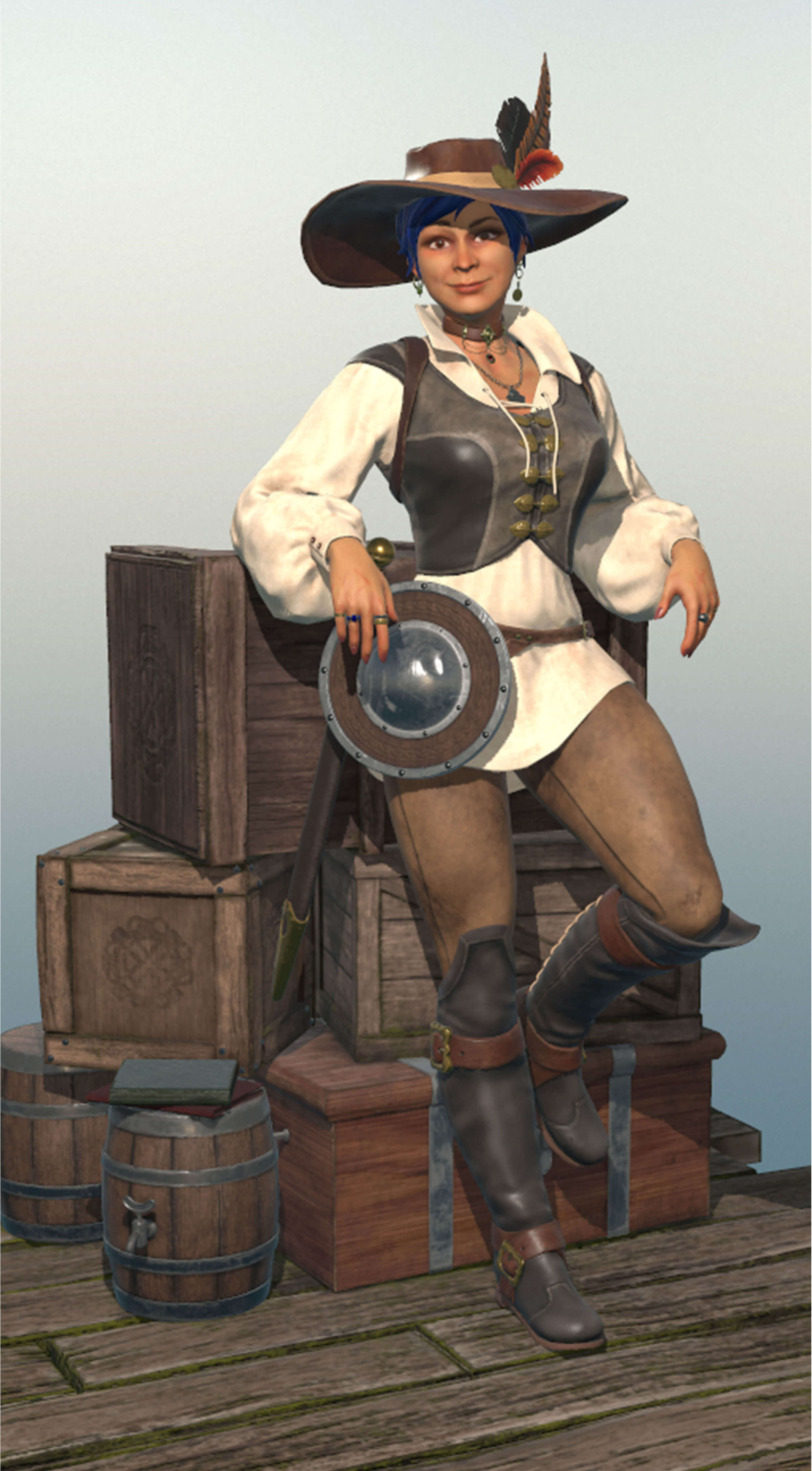 A woman in a plumed hat and cavalier garb leans against wooden crates with a buckler and saber at her hip.