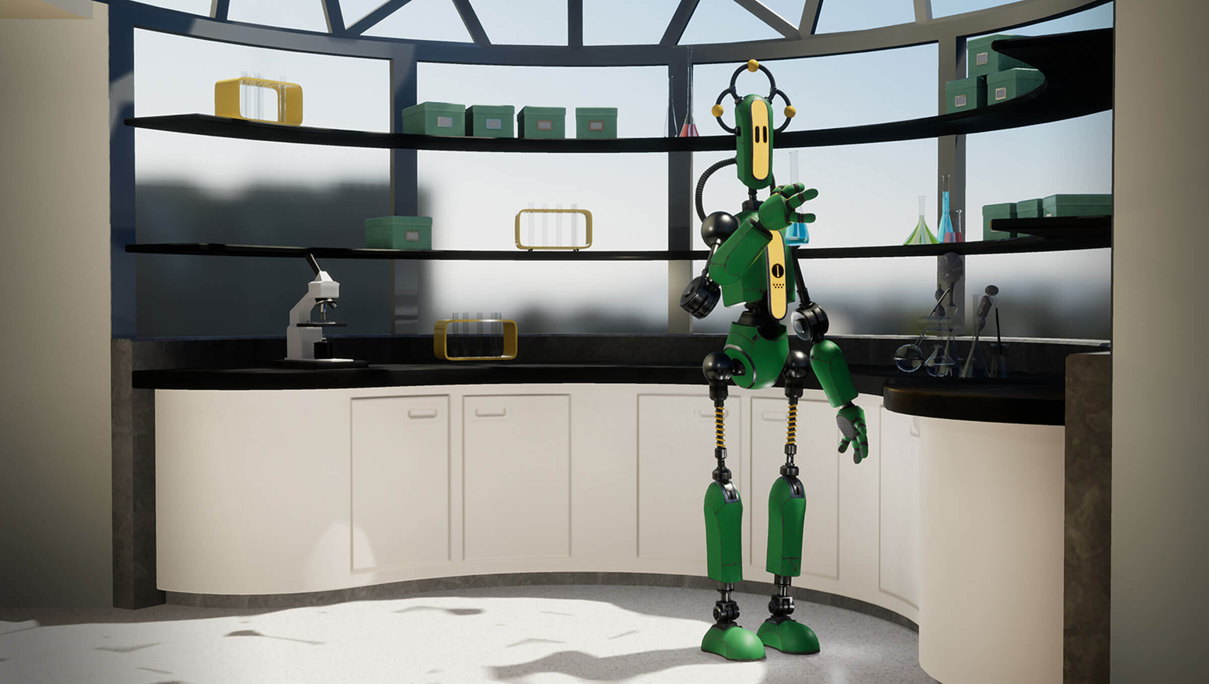A slender, green robot with exposed, black, metal joints stands near a counter surrounded by scientific equipment.