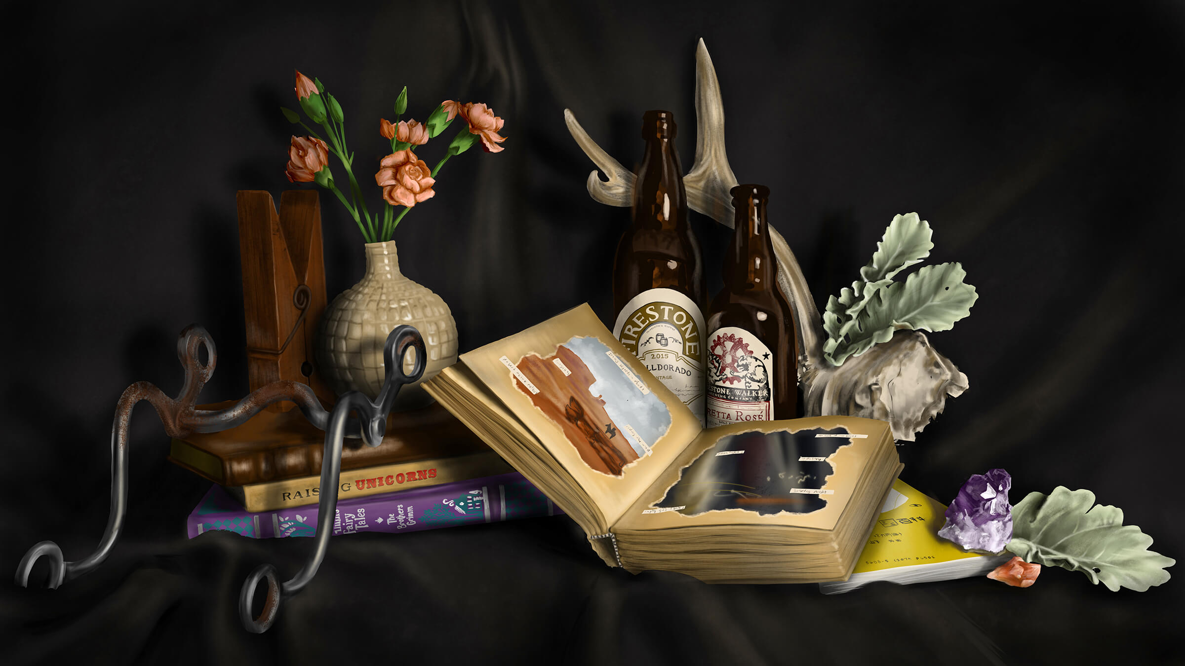 still-life traditional painting of objects including books, bottles, a vase with flowers, an antler, and a large clothespin