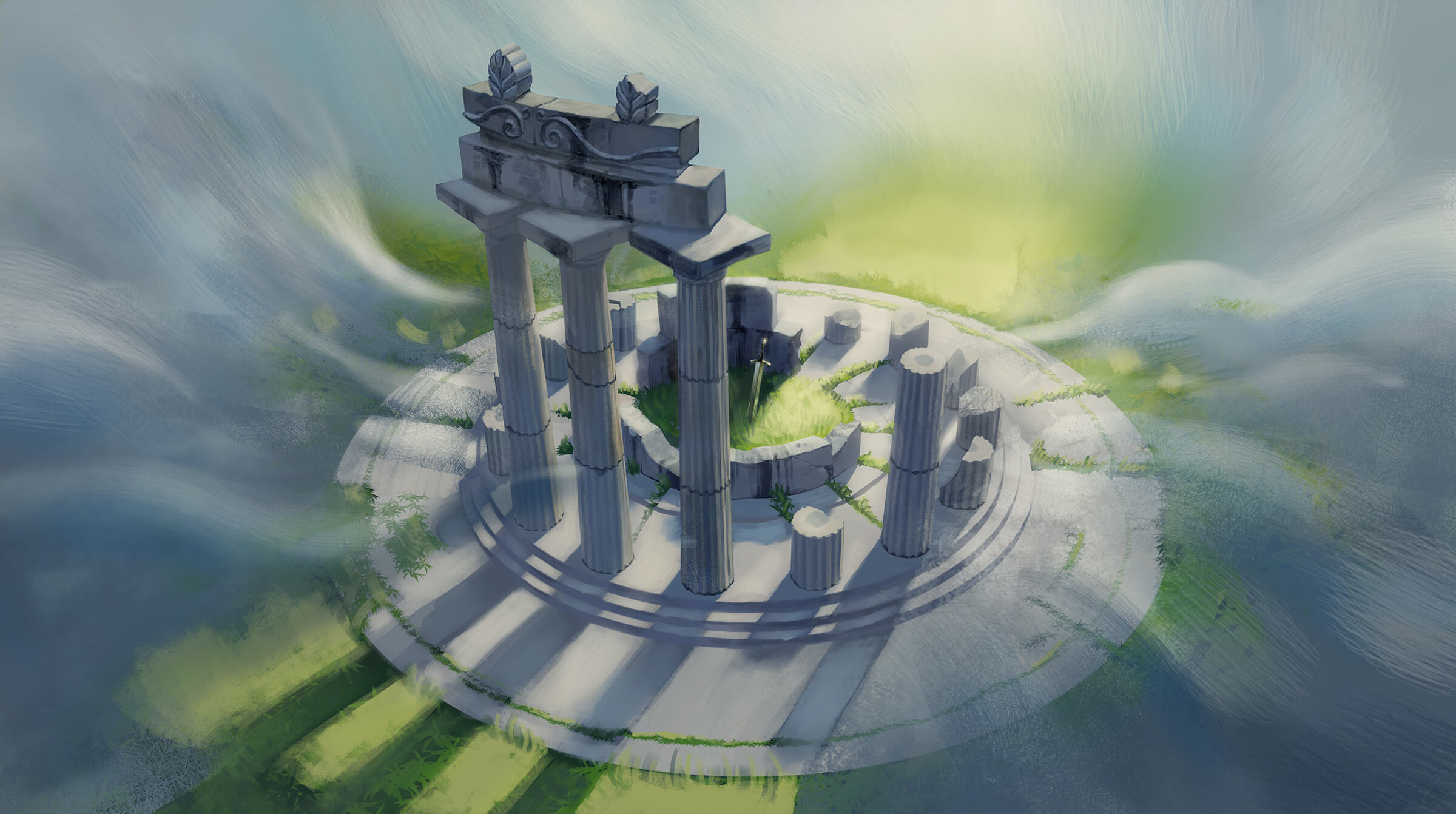 digital painting of a sword stuck in the ground, surrounded by a circle of columns, some in tact, most in disrepair