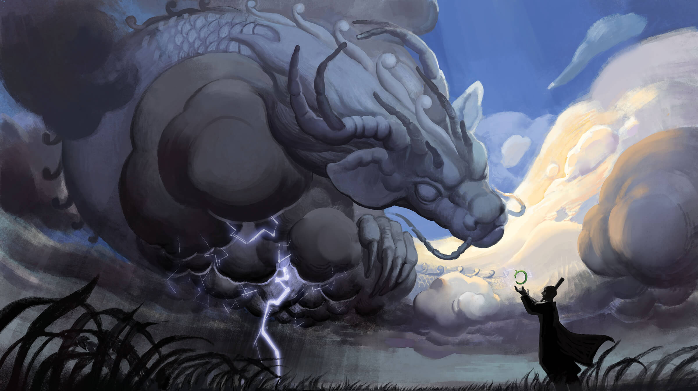 digital painting of an asian man confronting an enormous dragon made of clouds and generating lightning