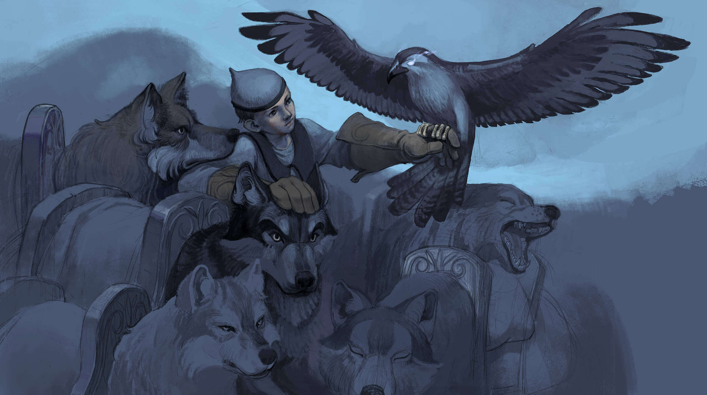 digital painting of a boy holding a falcon, standing among 5 wolves
