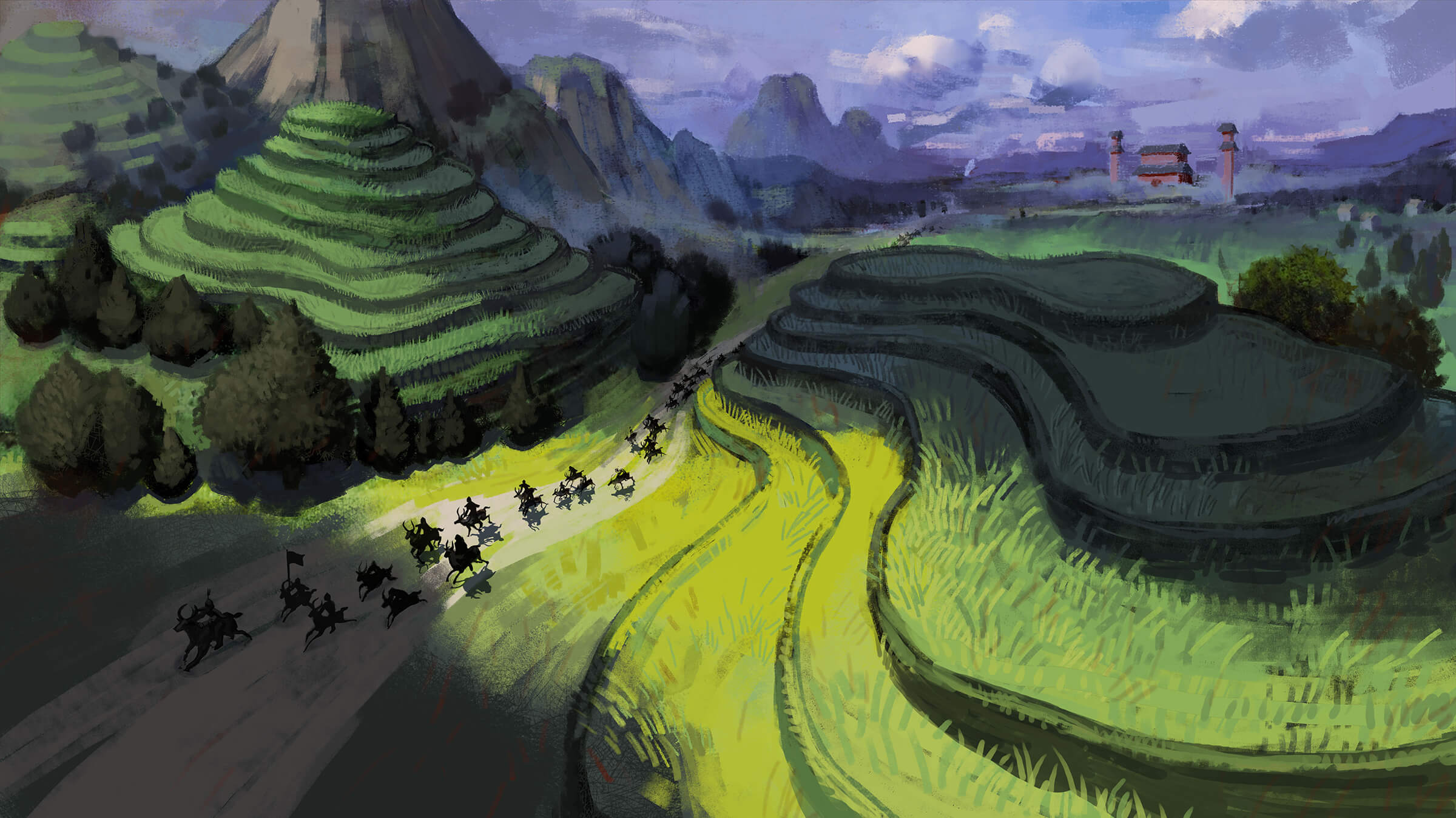digital painting of people on horses against a backdrop of blue sky and terraced fields