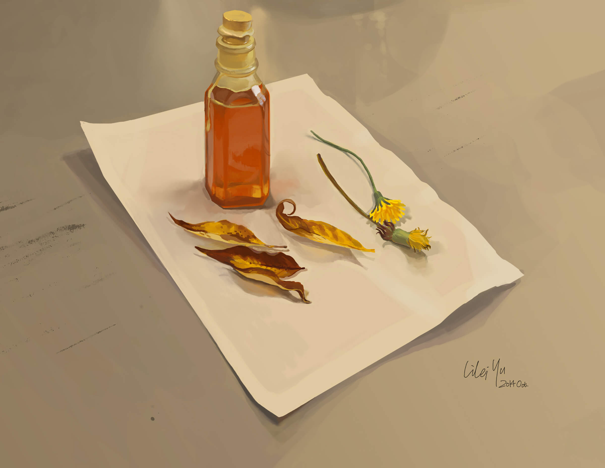 still-life traditional painting of a cork-stoppered bottle with dandelions and leaves on a white piece of paper