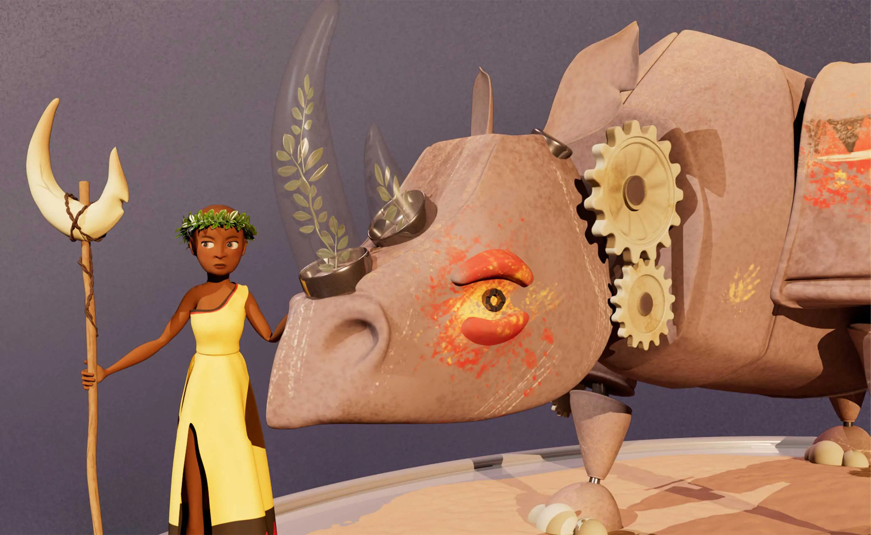 A 3D render of a woman and toy rhinoceros