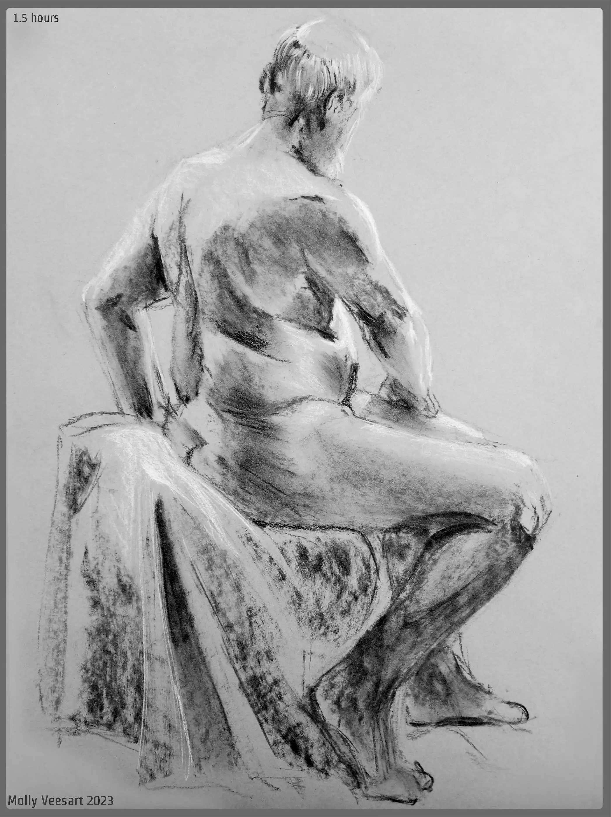 A sketch of a person sitting on a chair with cloth draped over it.
