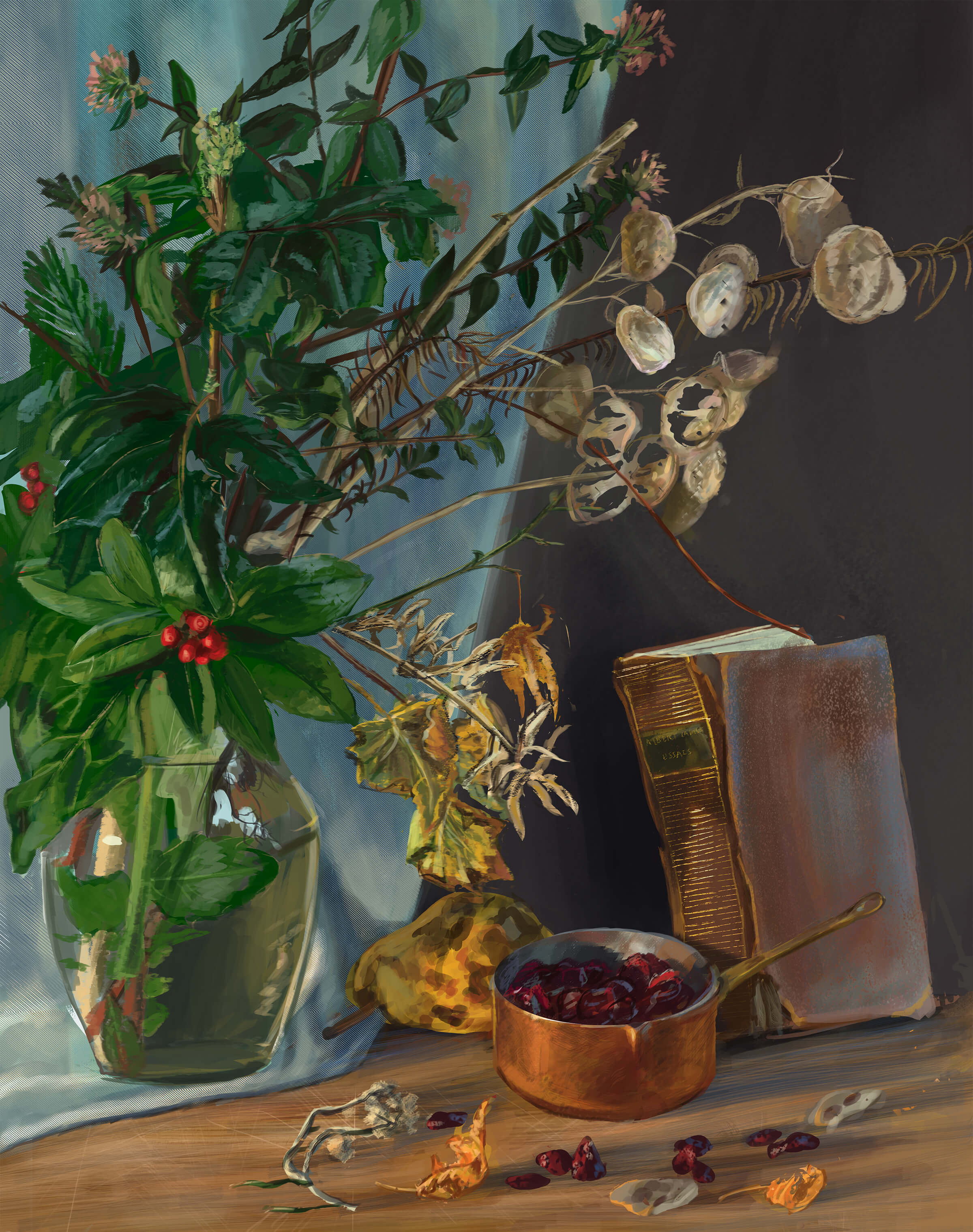 still-life traditional painting of a vase filled with eucalyptus and greenery, along with a book, a pear and a copper pot