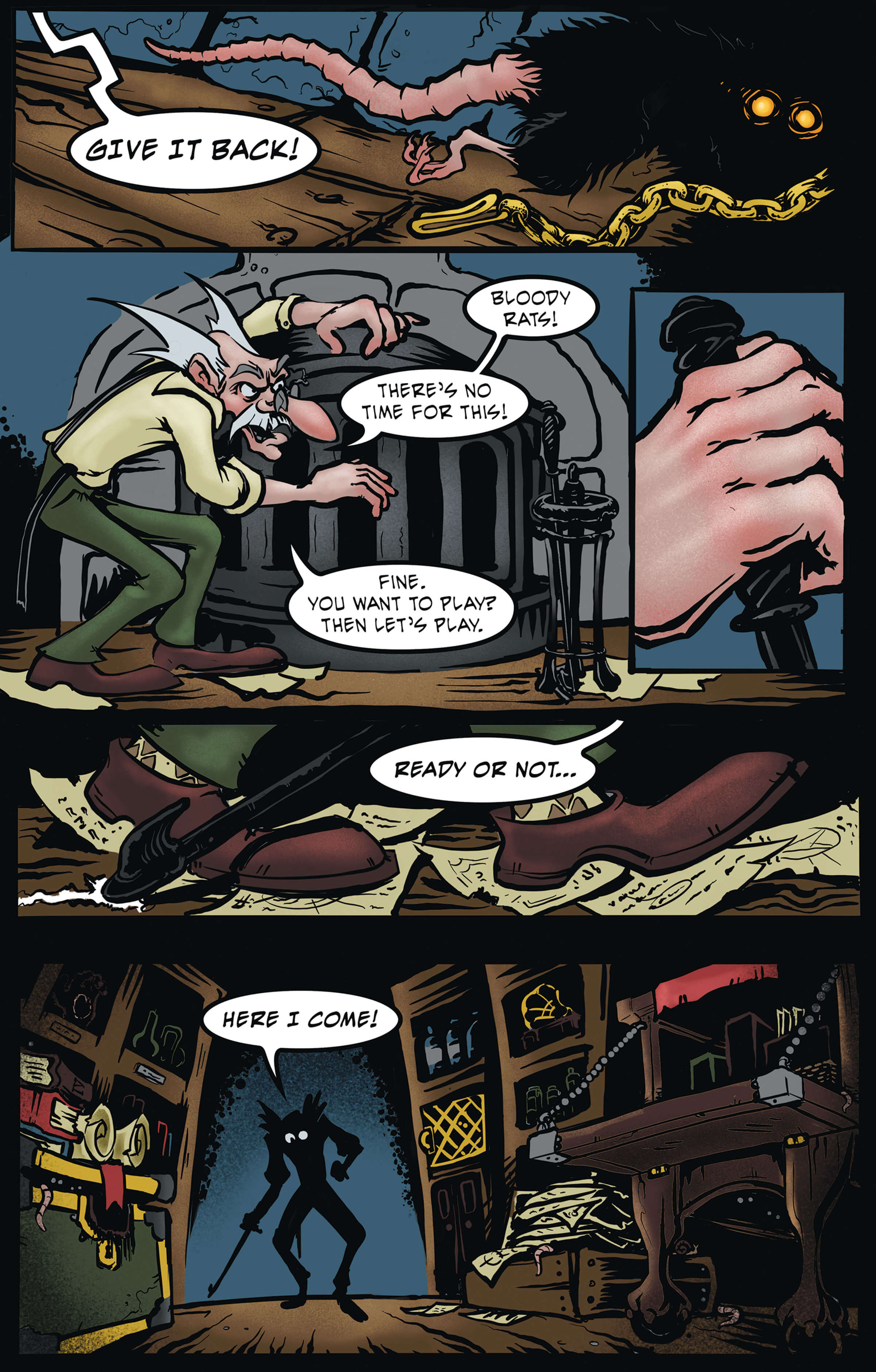 Comic book panels of an old man chasing a rat