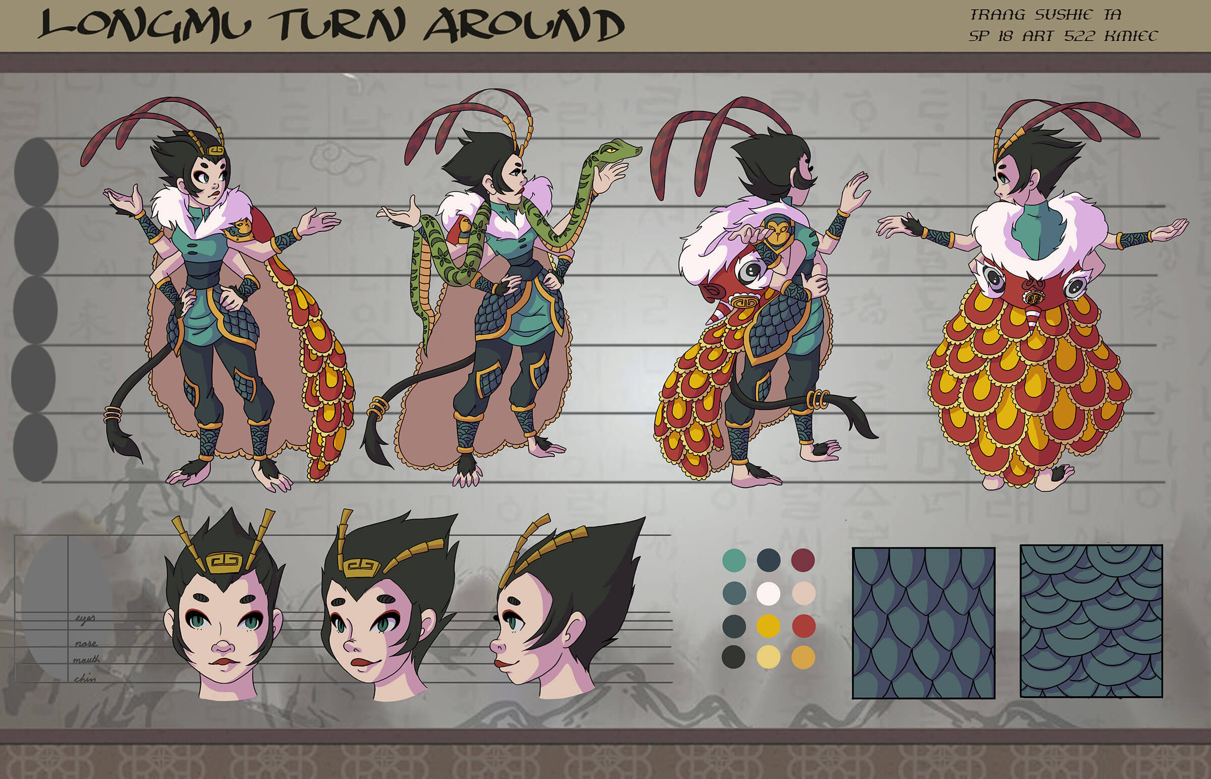 Turnaround views of a four-armed, tailed woman with antennas in warrior garb wearing a lion-dance inspired cape.