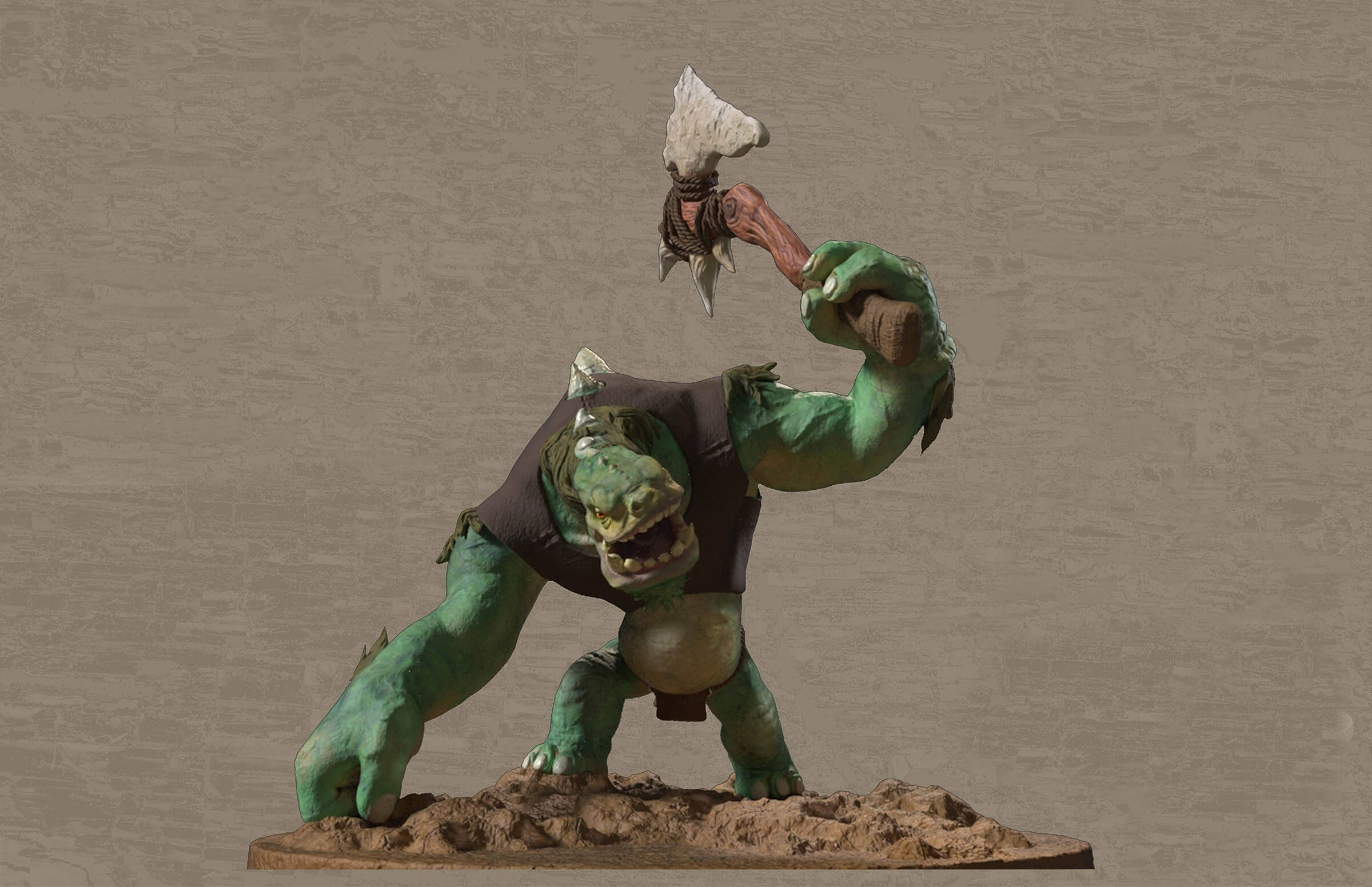A green troll-like creature wearing a brown tunic raises a crude, wood and stone ax above its head.