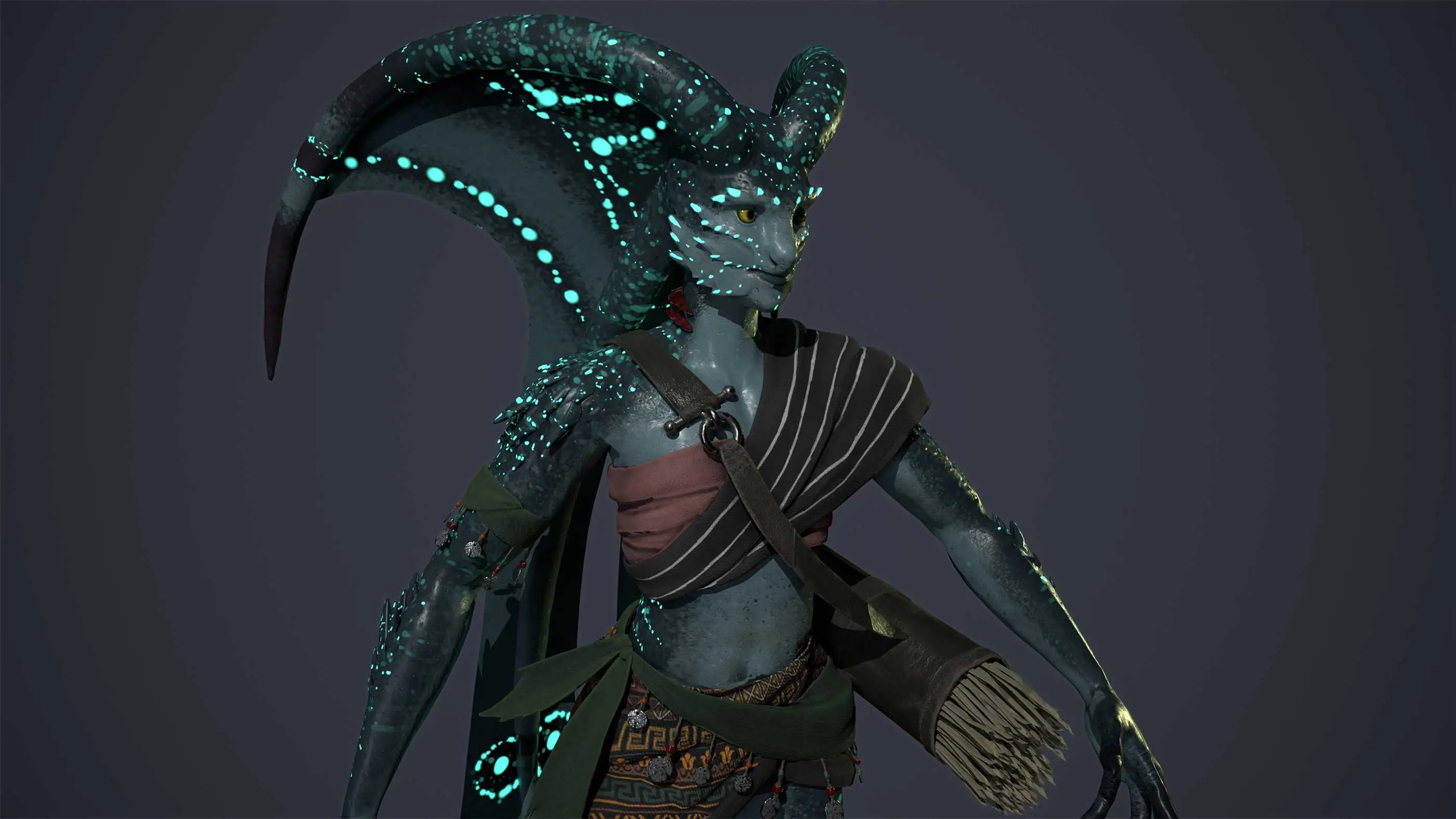 A 3D model of a tribal fantasy humanoid with luminescent skin.