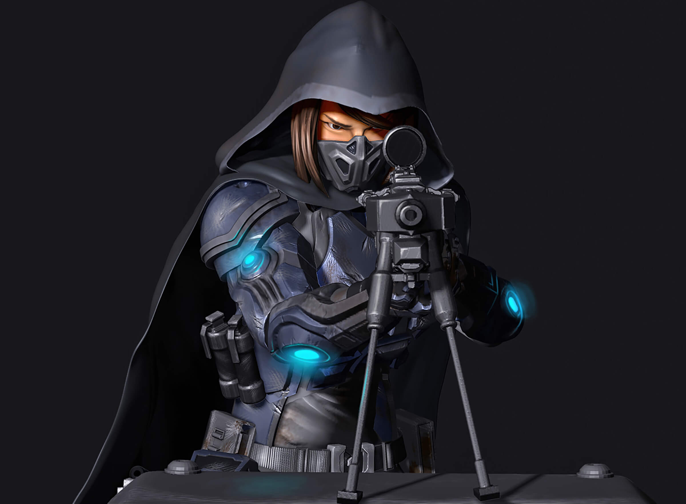 computer-generated 3D model of a sniper character taking aim at the viewer