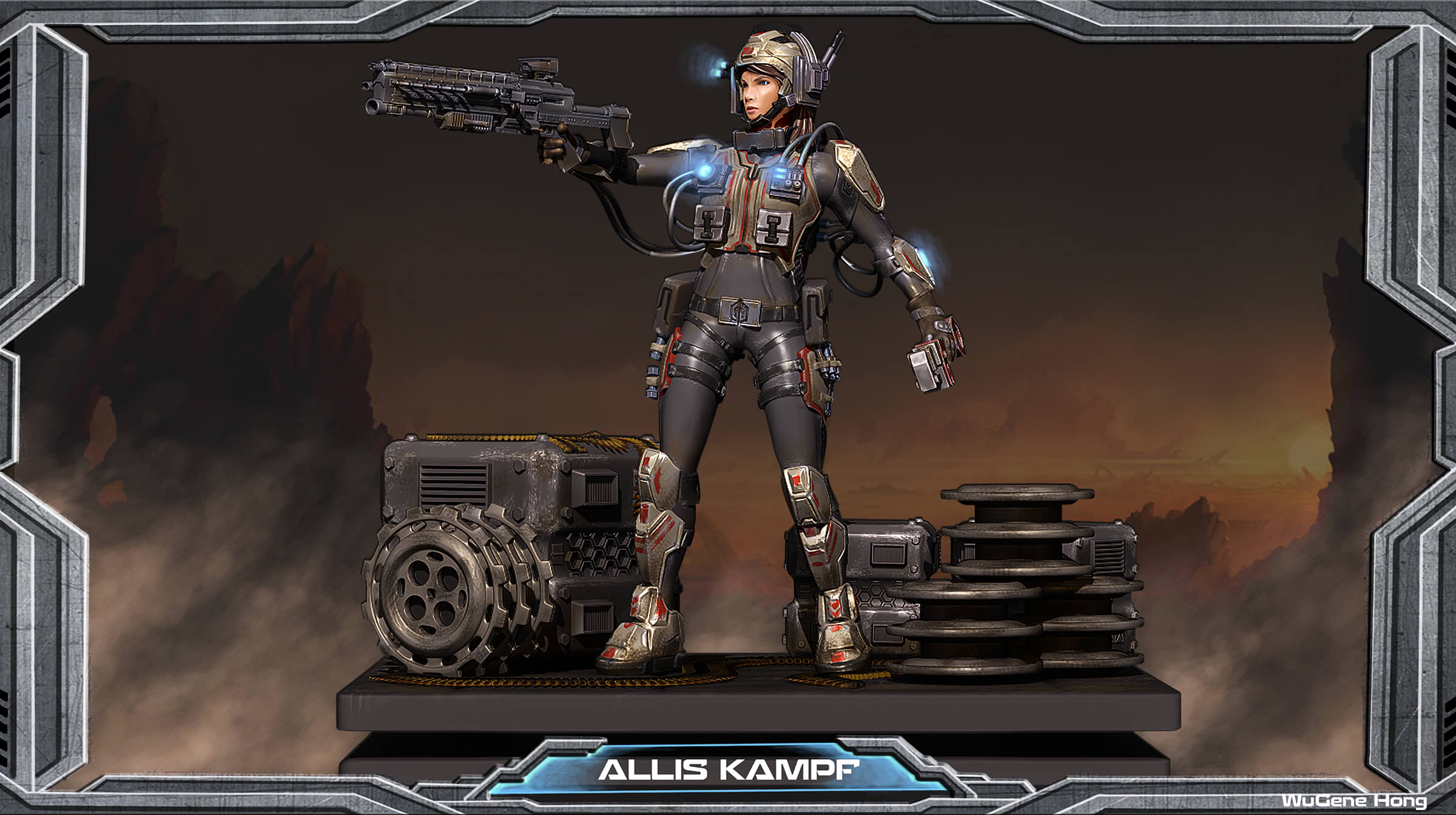 computer-generated 3D model of a character named allis kampf in an armored suit carrying a large gun