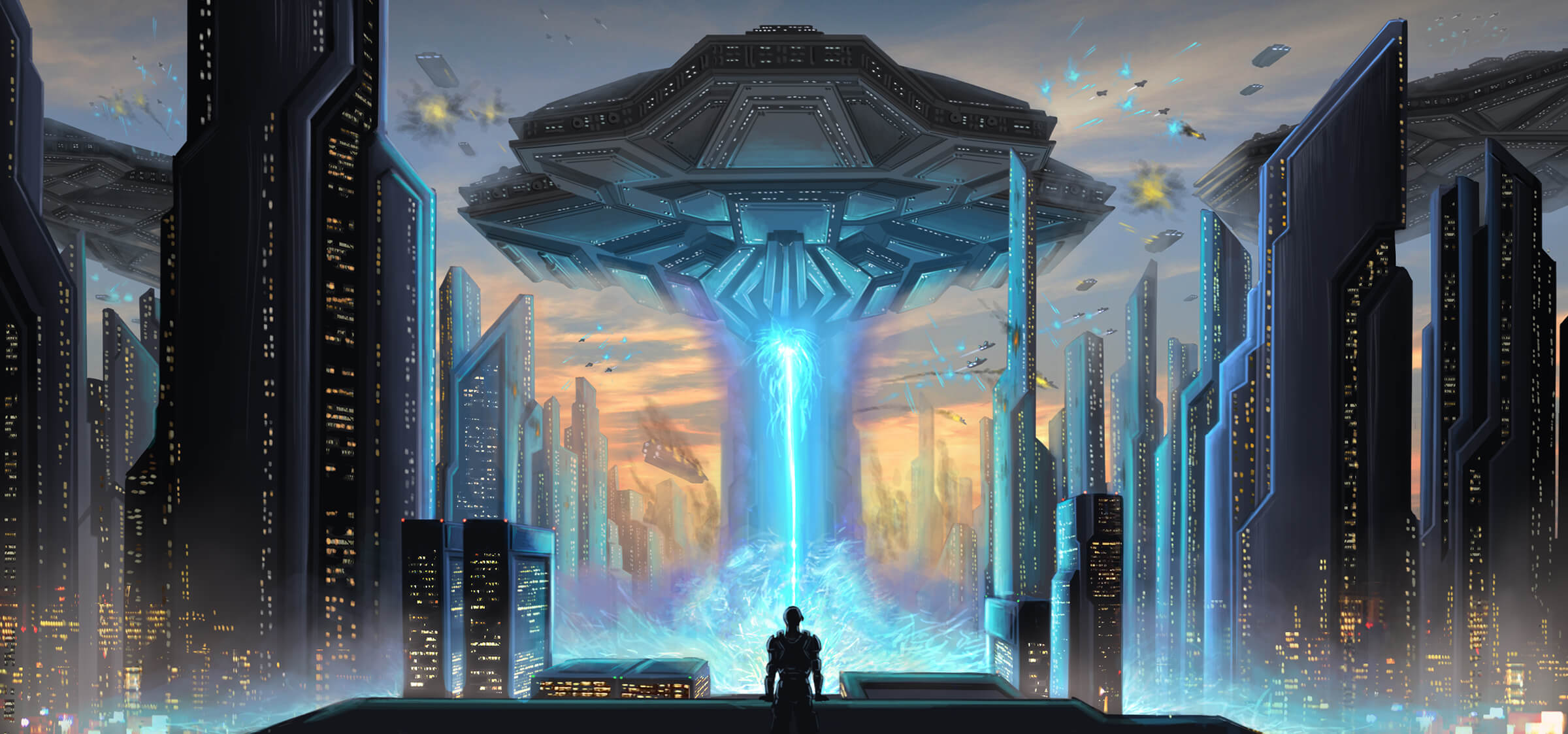 digital painting of an alien airship raining blue fire upon a city while a solitary person watches from a roof top