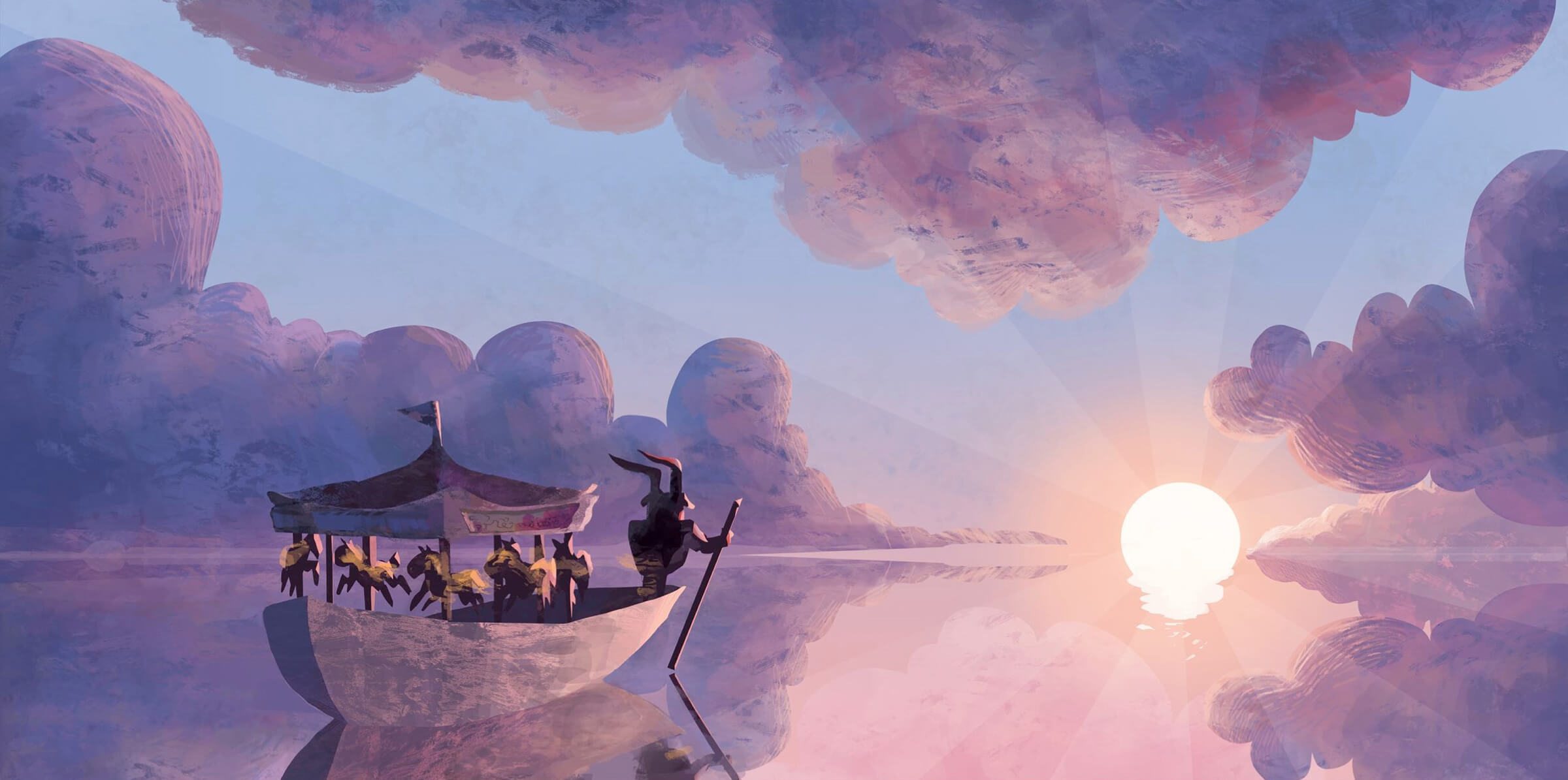 digital painting of a horned creature in a boat carrying a carousel sailing into the sunset