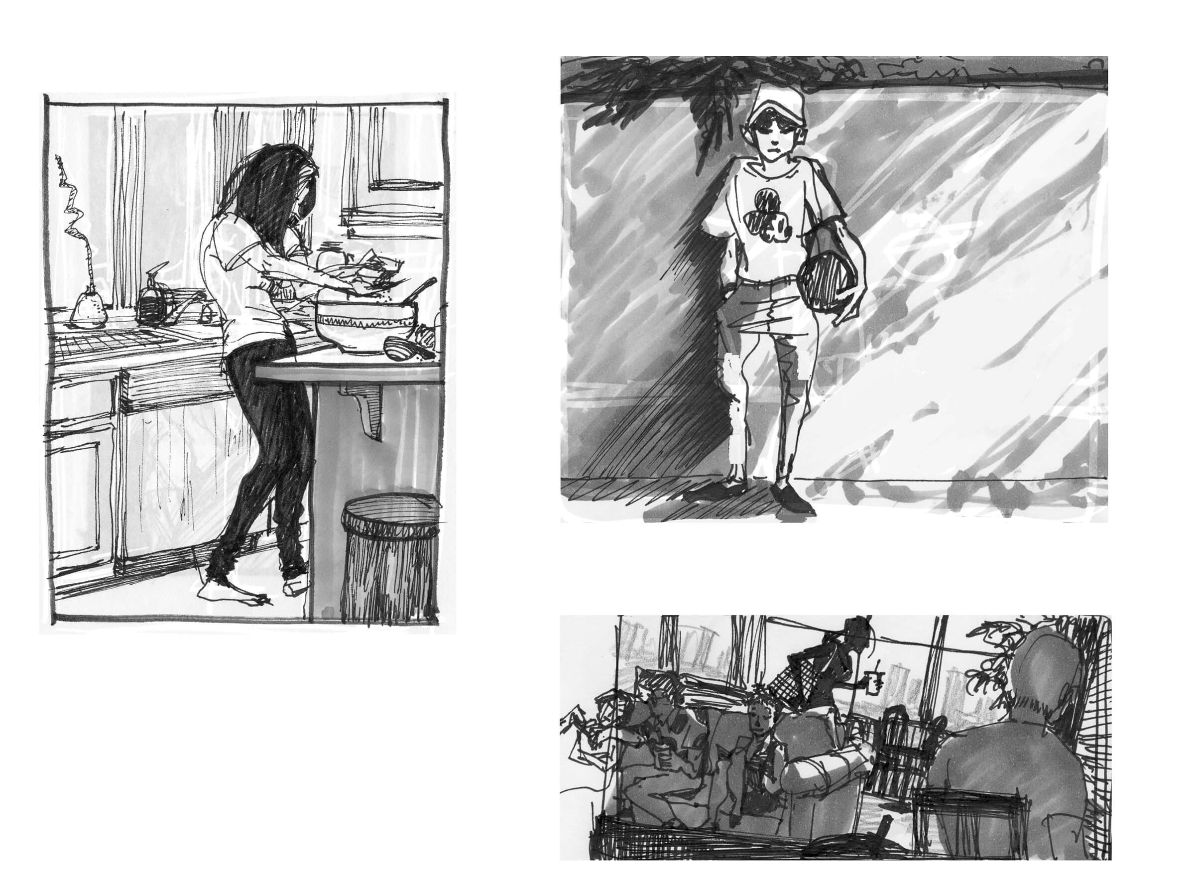 black and white drawings of a woman cooking, a boy in a mickey mouse t-shirt holding a ball, and a cafe scene