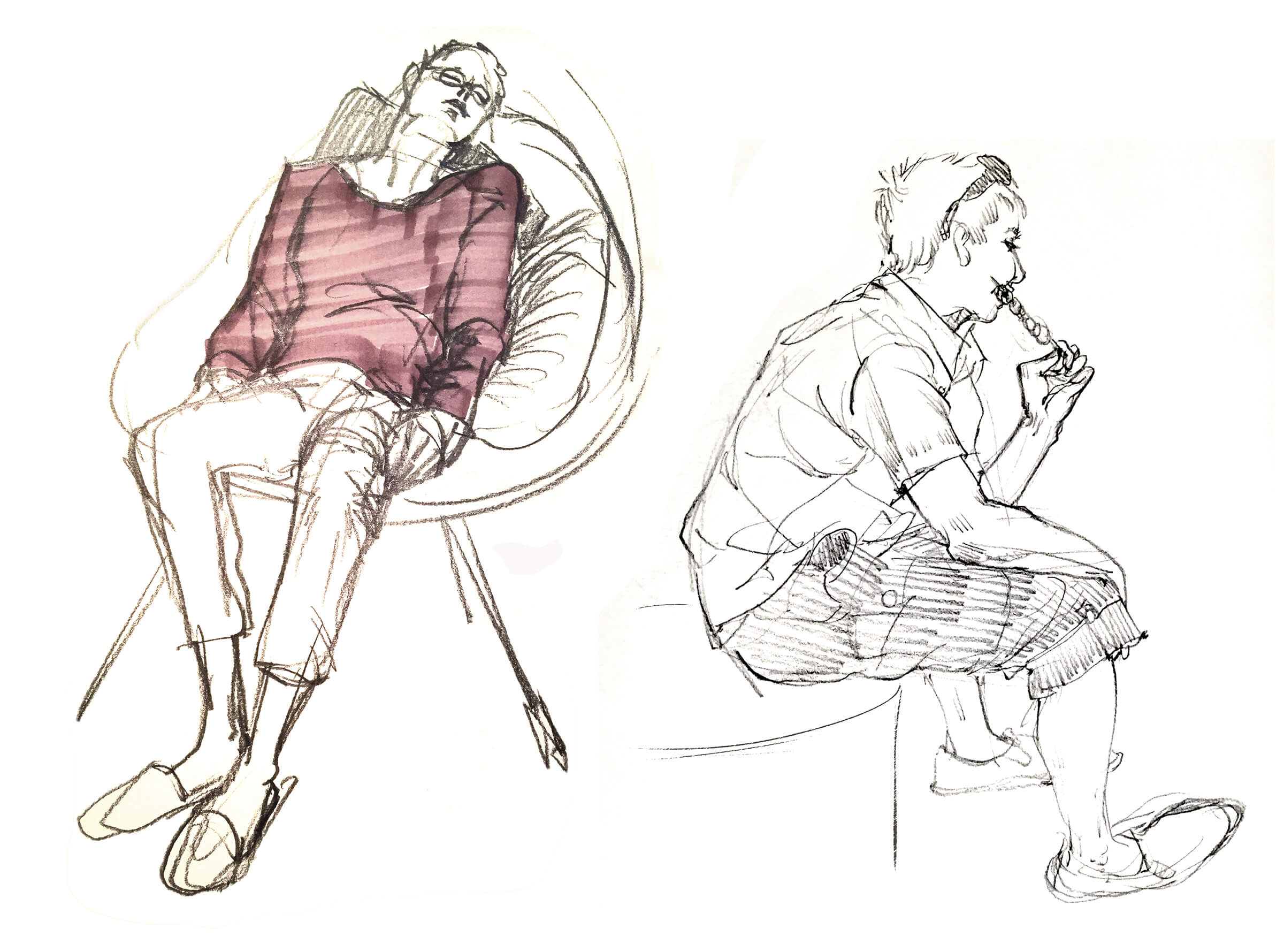 drawings of a woman sleeping in a chair and a man sitting on a curb eating satay