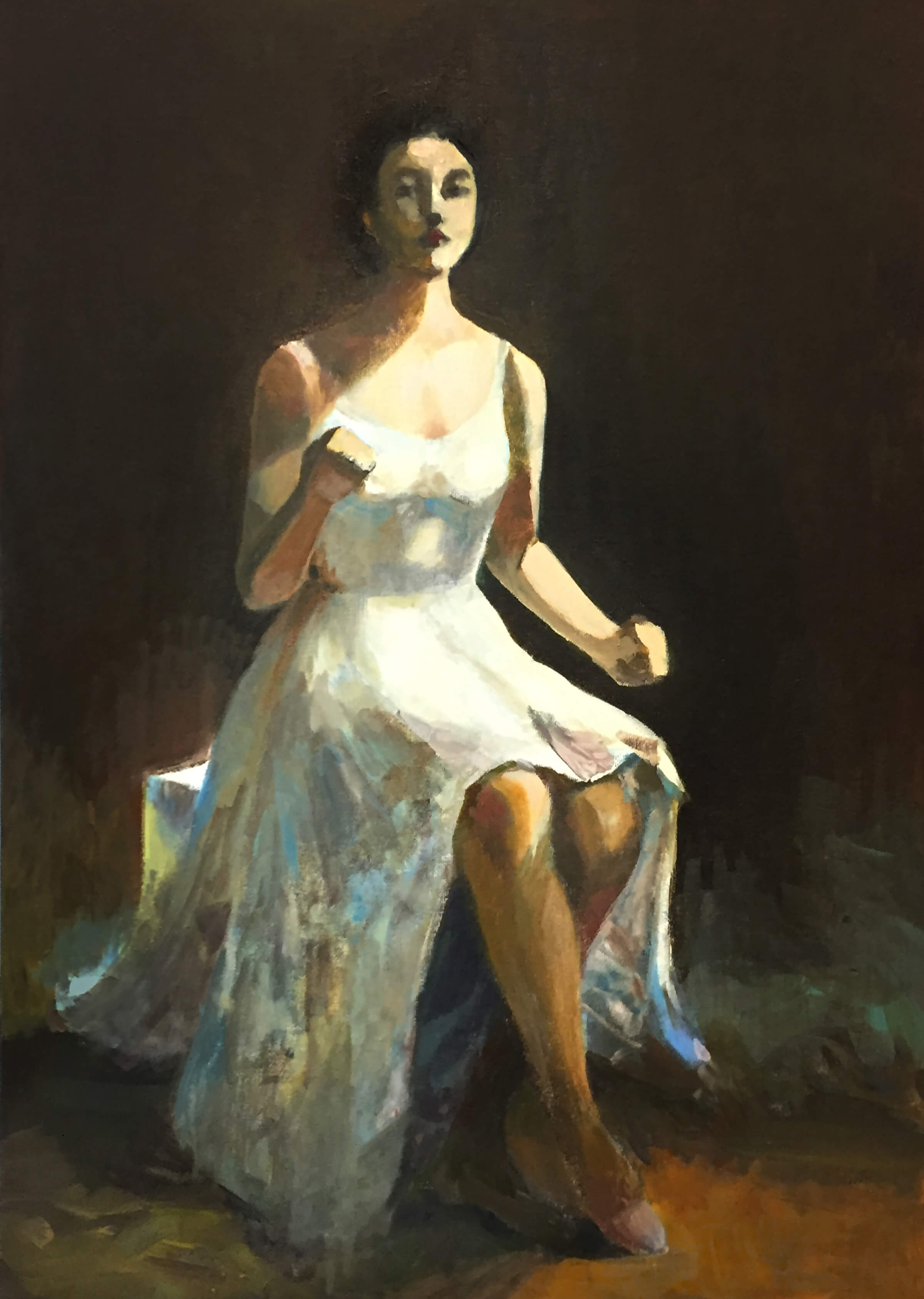 traditional painting of a dark-haired woman in a long white dress sitting on a box