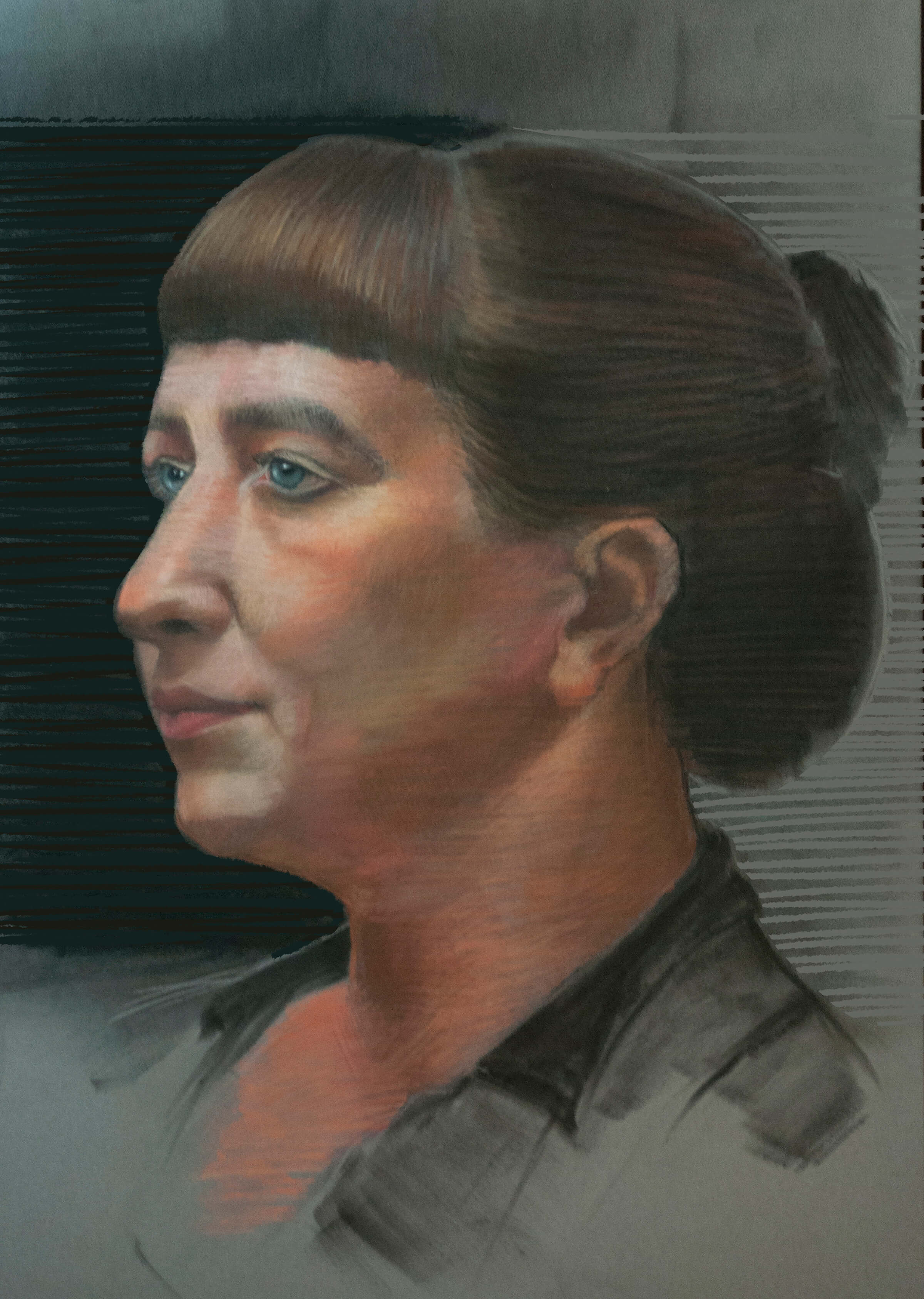 traditional painting portrait of a woman in partial profile with her hair in a bun