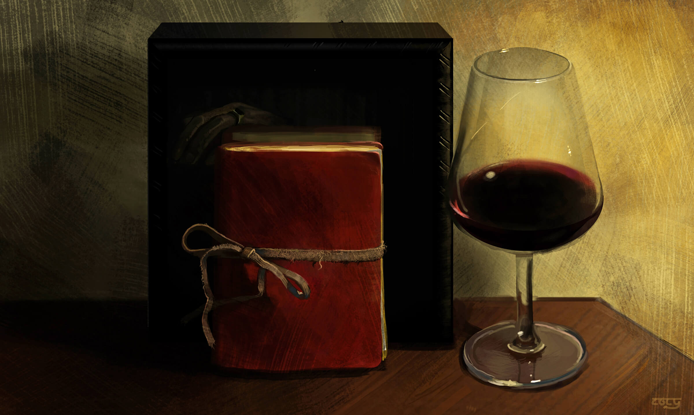 still-life traditional painting of a red book tied closed with a ribbon and a glass of wine