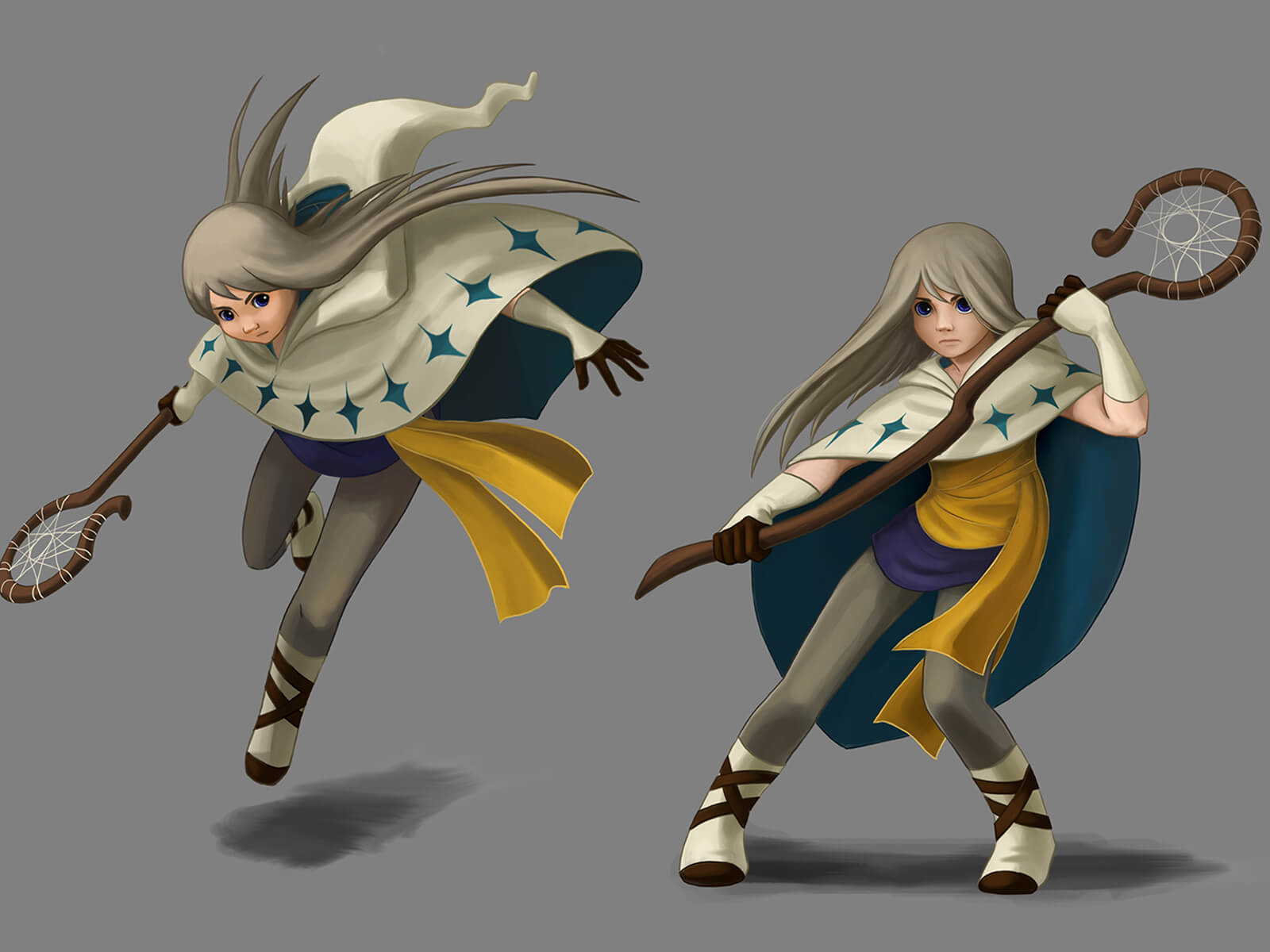 digital paintings of a female character with long hair wearing draped clothing and a cape, carrying a wooden staff 