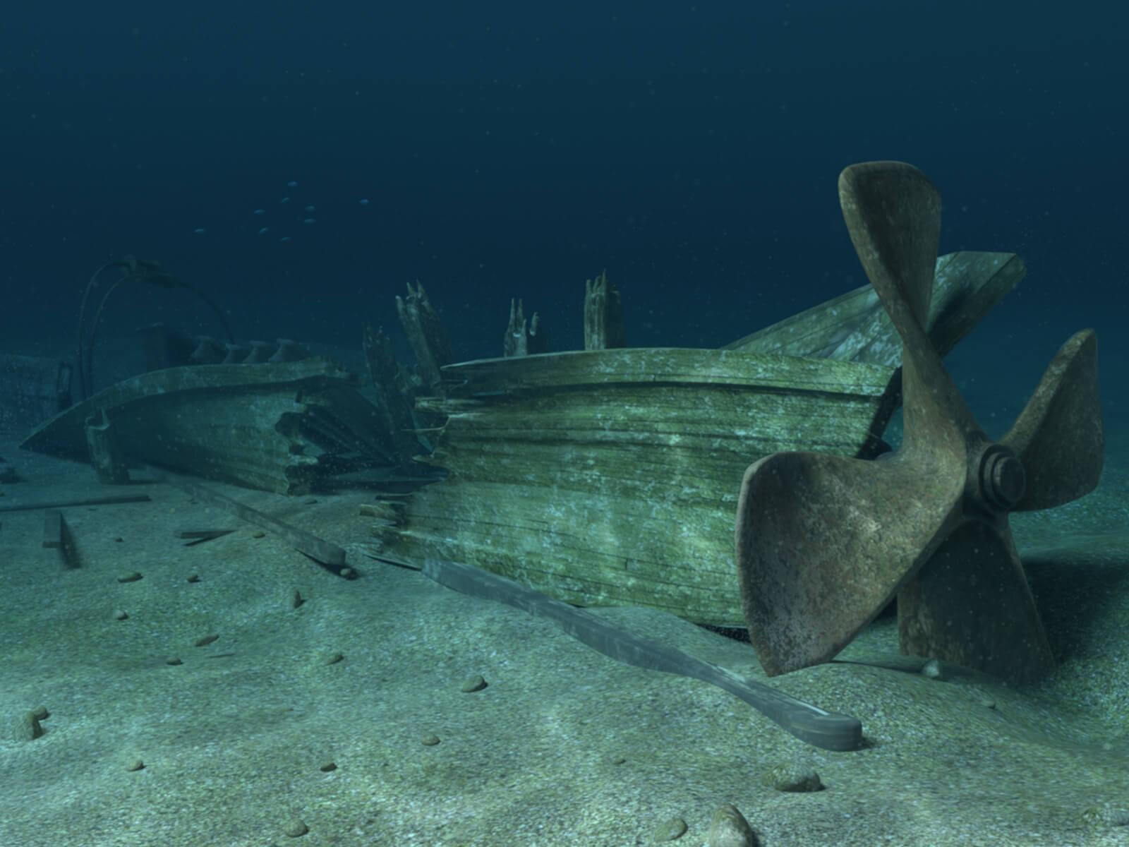 computer-generated 3D underwater environment featuring a sunken ship with a large propeller