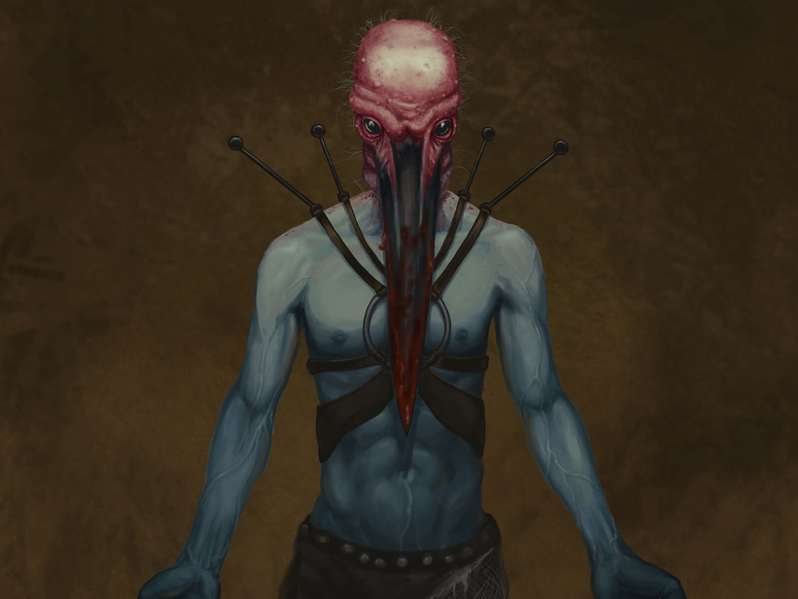 digital painting of a blue-skinned man with the head of an octopus and long fingers