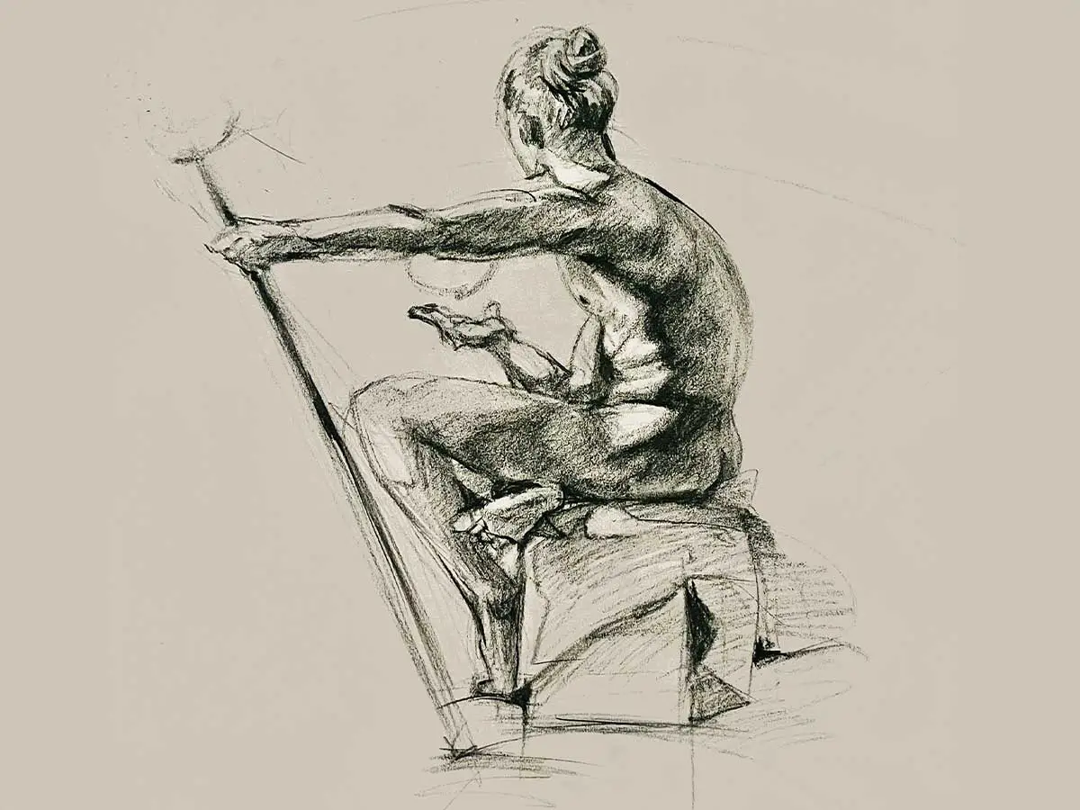 A sketch of a man sitting on a box, holding a staff.