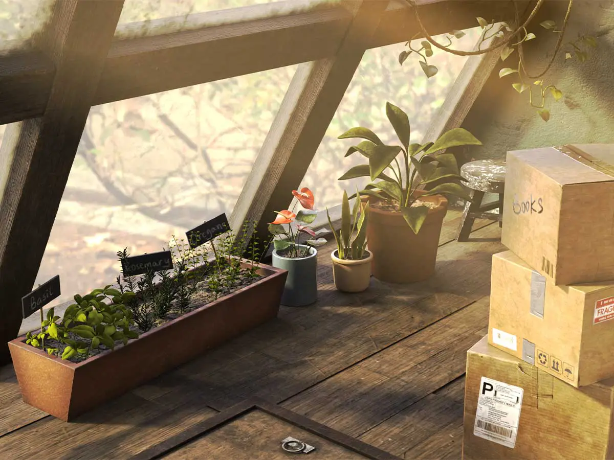A 3D render of an attic greenhouse.