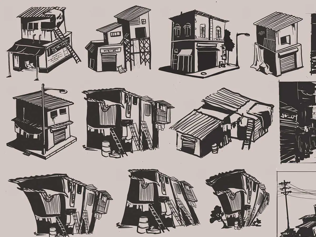 A collection of sketches depicting various shack like structures.