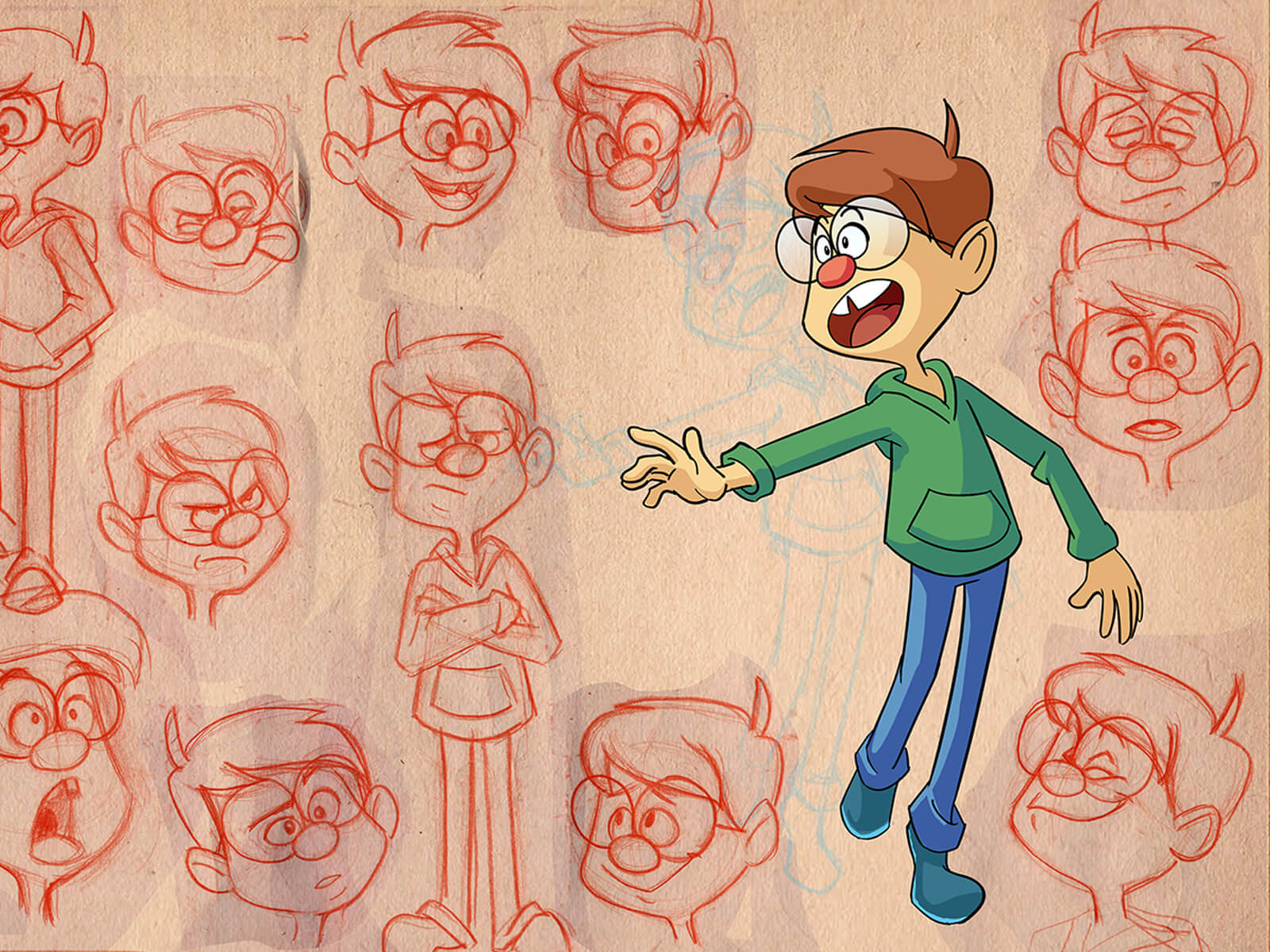 digital painting of the various facial expressions and gestures of a glasses-and-green-hoodie wearing character named Tony 