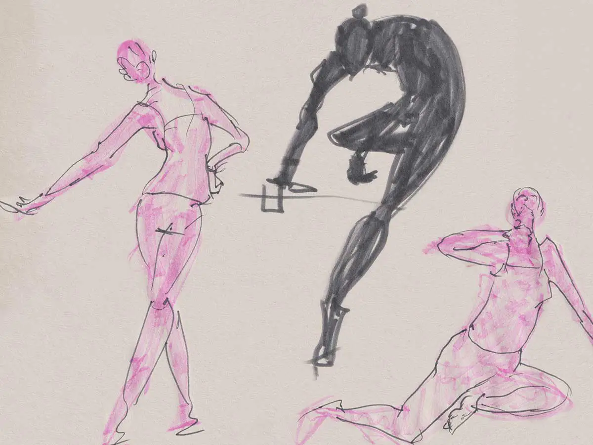 Sketches of a person in several dramatic poses.