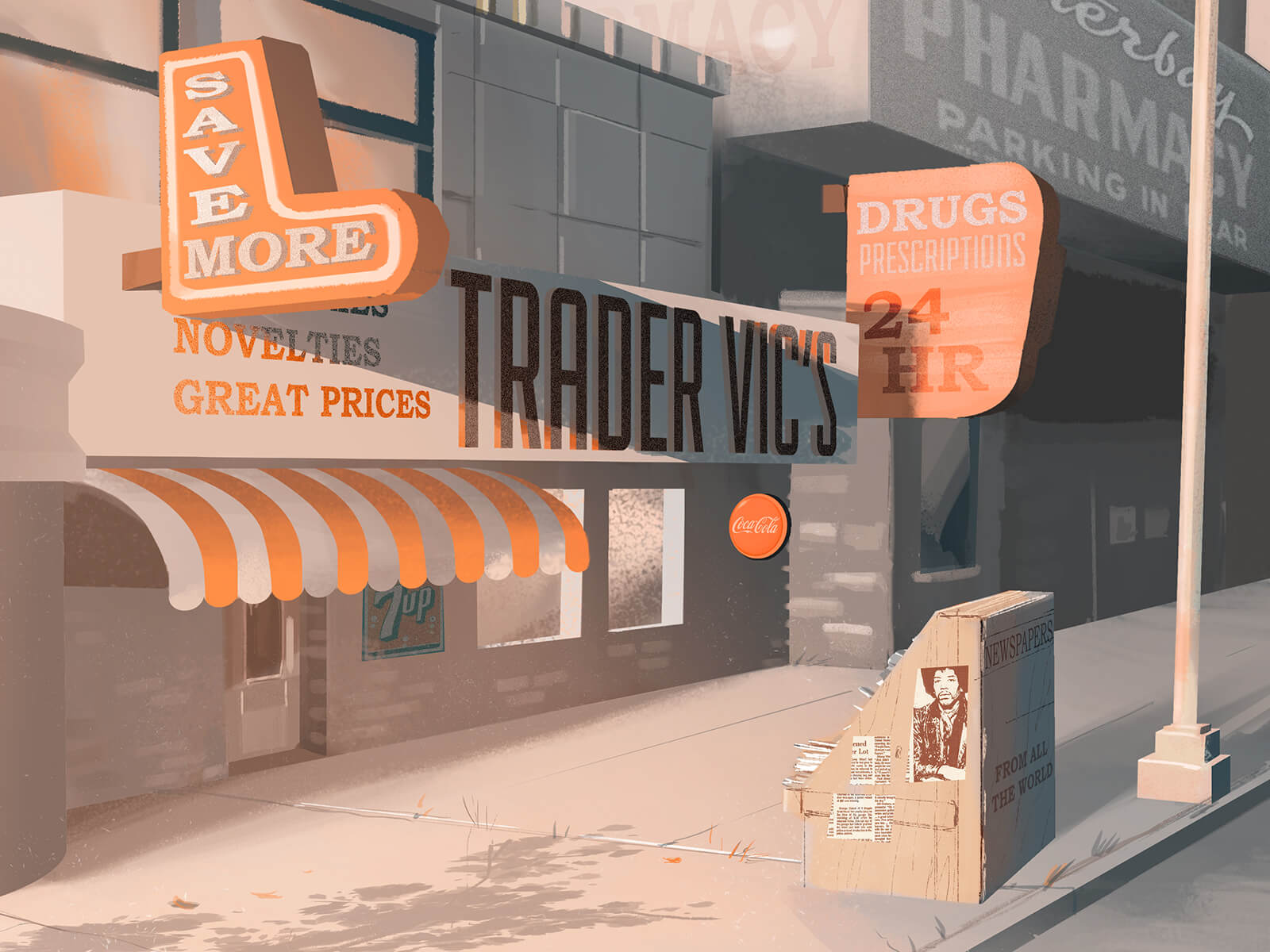 digital painting of a store called trader vic's, rendered in shades of orange and grey