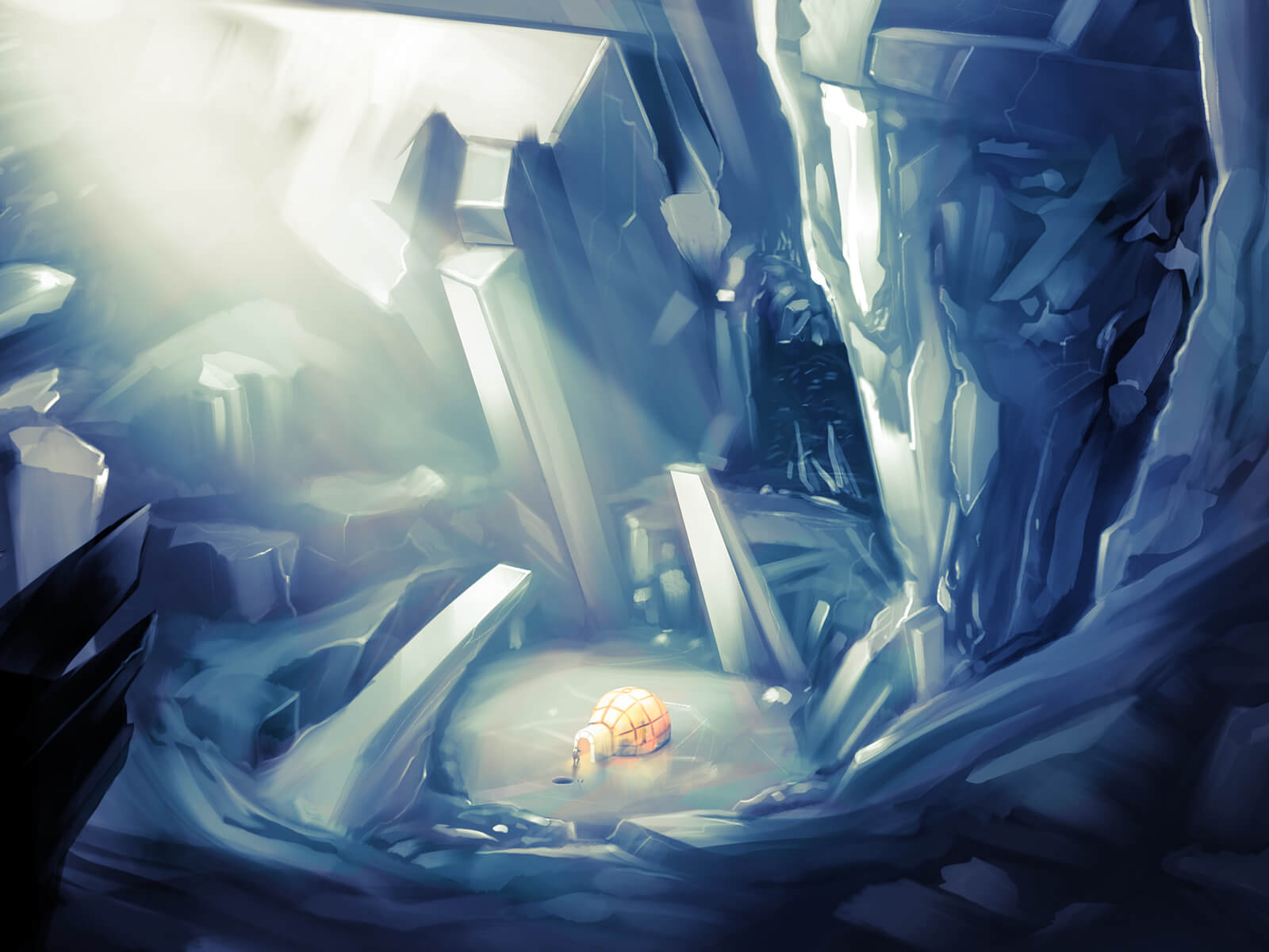 digital painting of a small igloo at the bottom of an ice-filled cavern with rays of sunlight