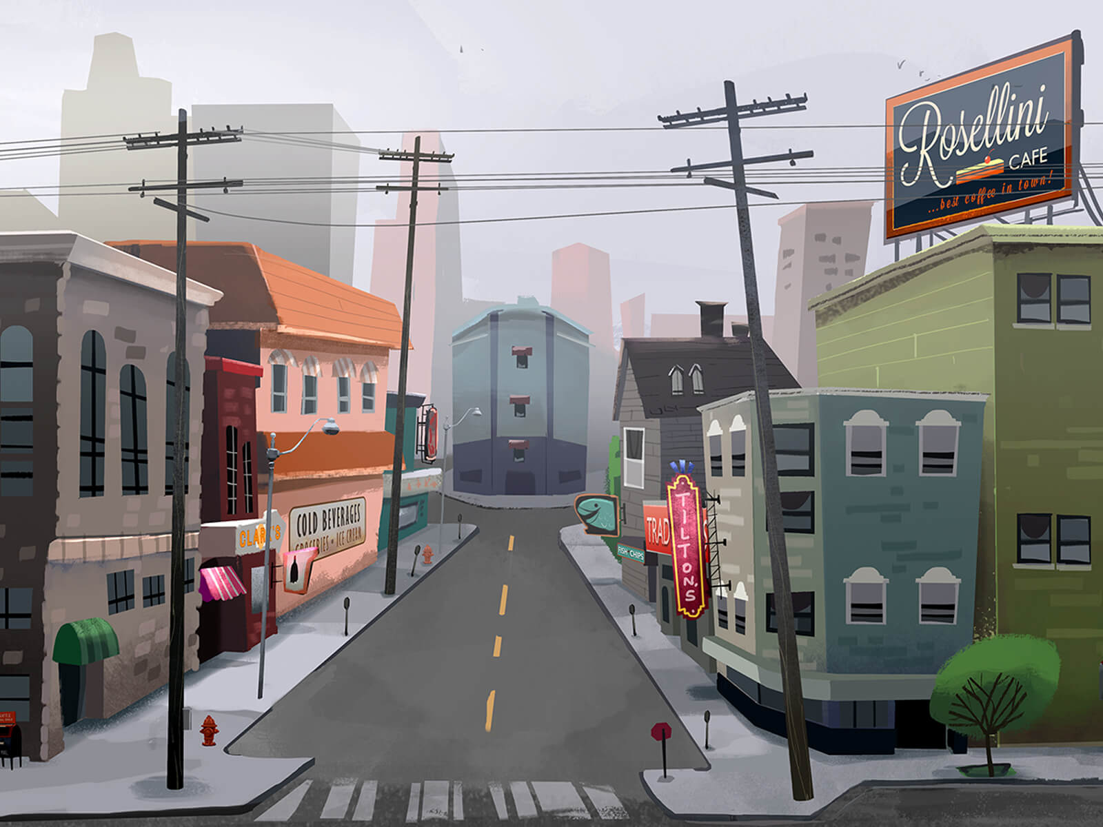 digital paintings of a city street from student animation "orientation center for the unseen" and other locations