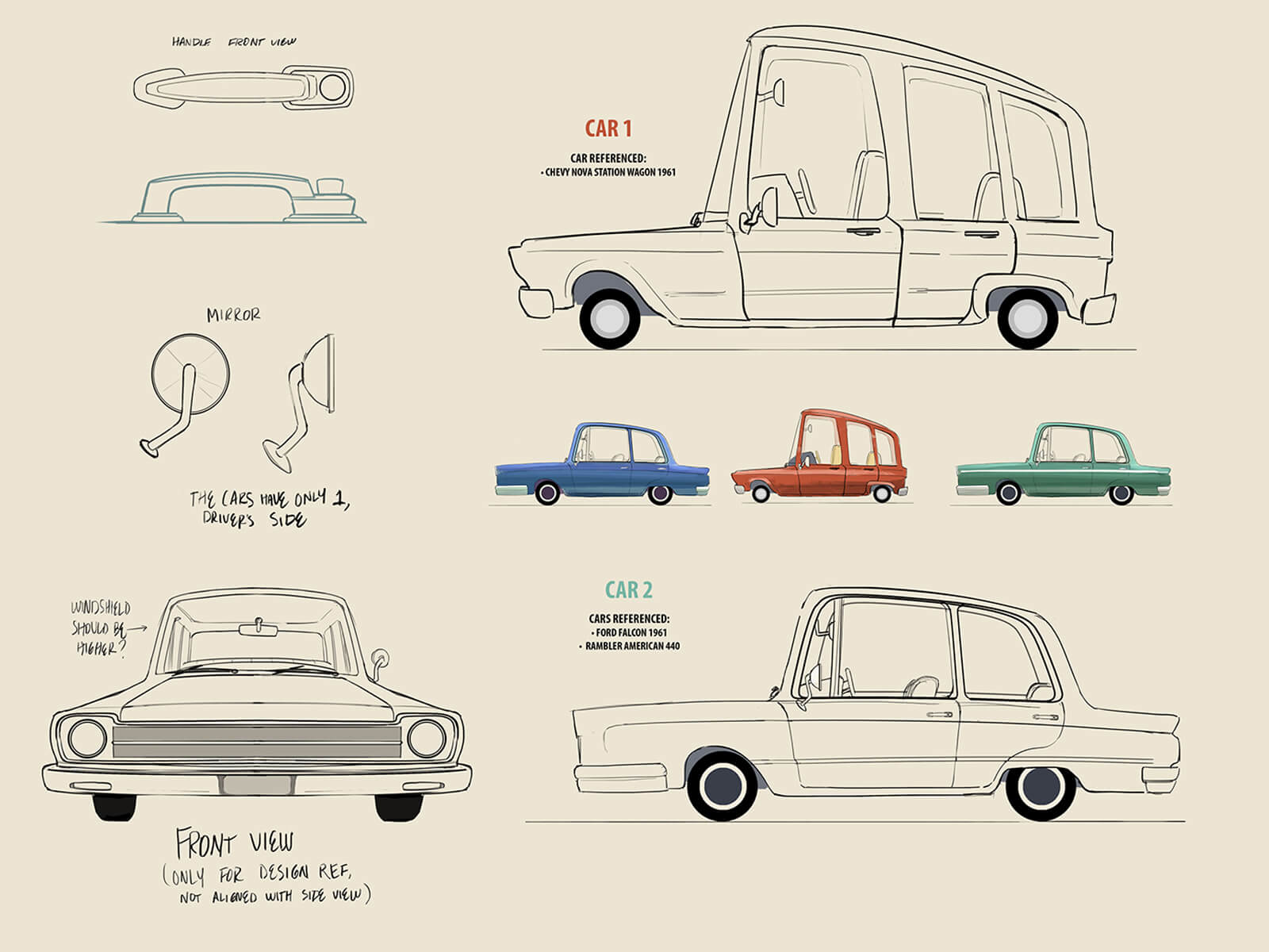 digital paintings of the various cars featured in student animation "orientation center for the unseen"