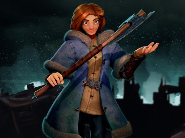 computer-generated 3D model of a character in a long, fur-trimmed coat carrying a battle axe